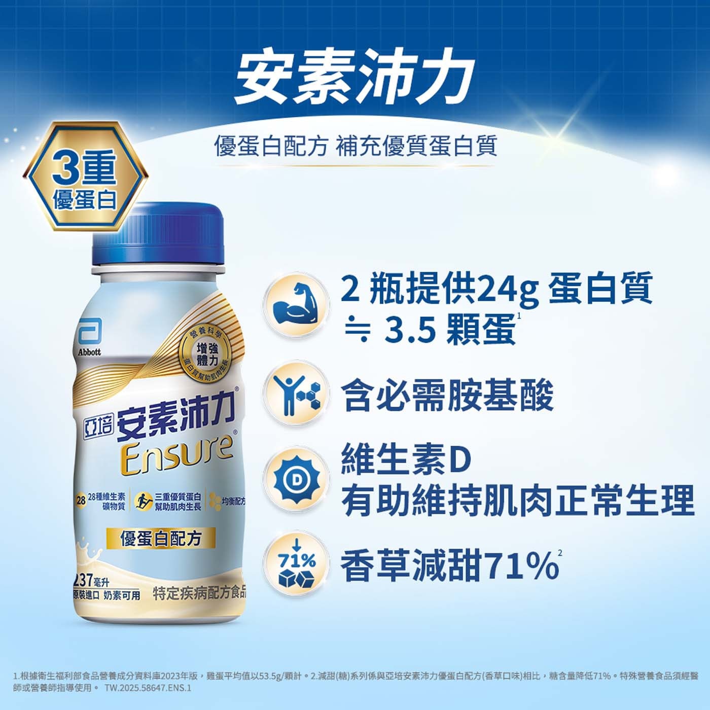 亞培安素沛力優蛋白配方隨身瓶 香草減甜口味，優蛋白配方，補充優質蛋白質 (2瓶提供24g蛋白質)，三重蛋白，作用更持久(乳清蛋白、大豆蛋白、酪蛋白)，維生素D有助於維持肌肉正常生理，香草減甜71%。