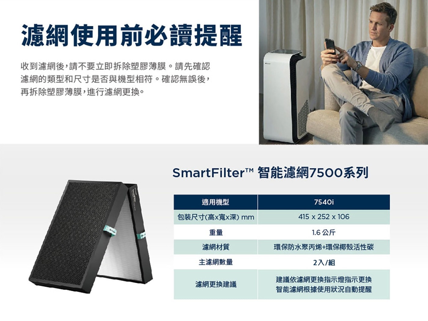 Blueair HealthProtect SmartFilter 7500系列 專用智能濾網 2入組 (4片)，7500 系列空氣清淨機濾網，書本式設計，包覆汙染物，高效微粒濾網集塵過濾，特殊防水聚丙烯纖維，細菌黴菌不易孳生。