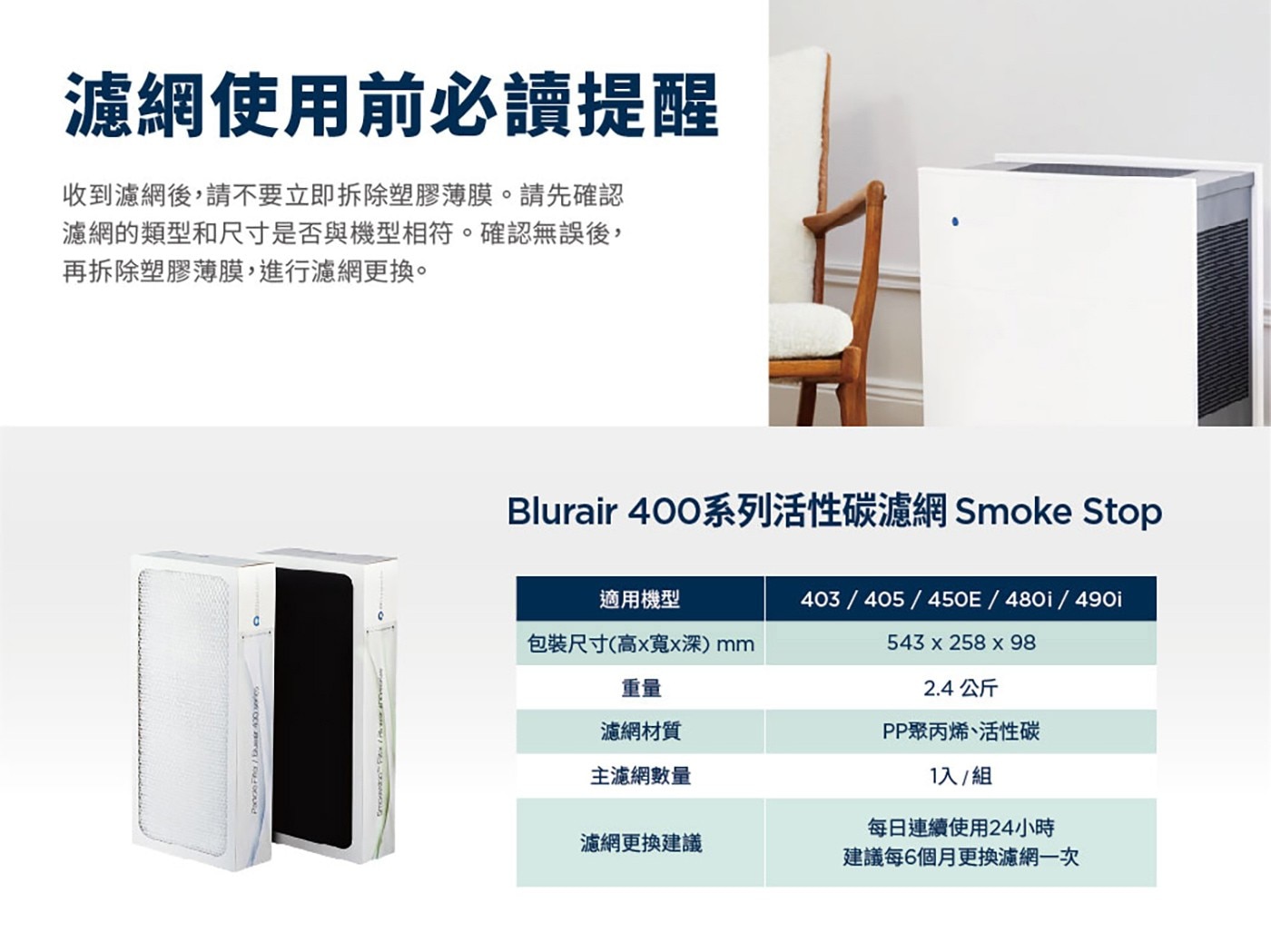 Blueair SmokeStop 400系列 活性碳濾網 F400SM 2入 (2片)，SmokeStop強活性碳，加強除臭去味，低密度濾網、漸層式濾網設計，均勻過濾大量空氣，HEPASilent 過濾技術。