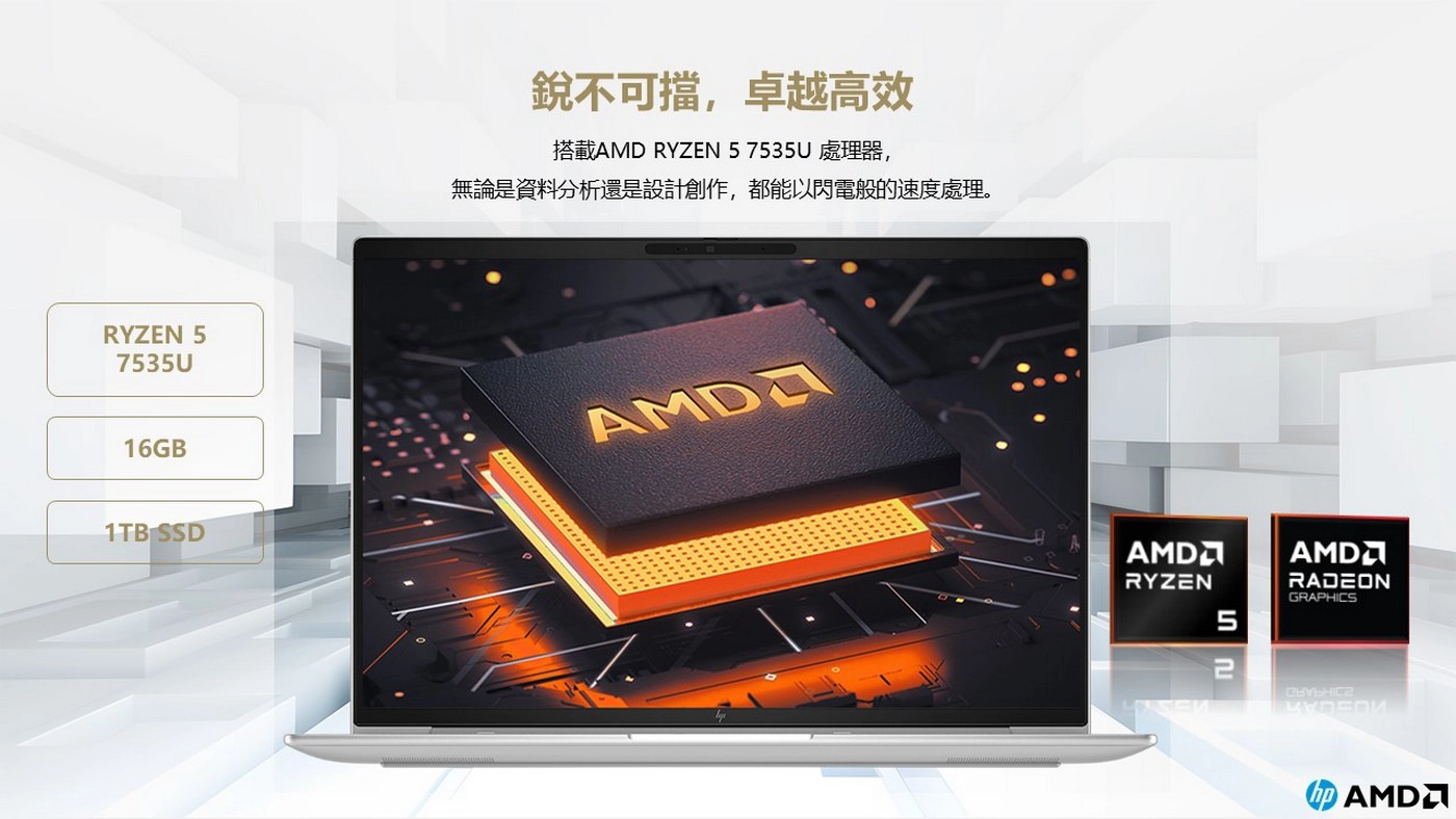 HP EliteBook 16吋 商用筆記型電腦 665 G11 B1RT9PT，處理器：AMD Ryzen 7 7535U，記憶體：16GB DDR5-480，硬碟：1TB SSD，顯示晶片：AMD Radeon Graphics。
