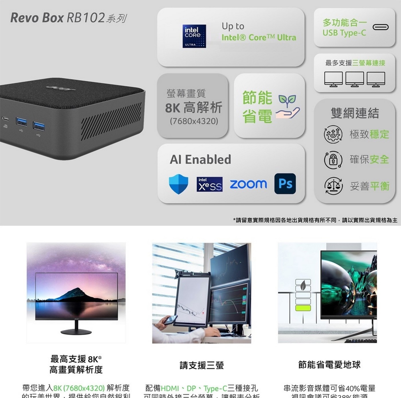 ACER Revo Box RB102 AI 迷你電腦，處理器：Intel Core Ultra 5-125U，記憶體：8GB DDR5 SO-DIMM，硬碟：512G M.2 SSD，顯示晶片：Intel Graphics。