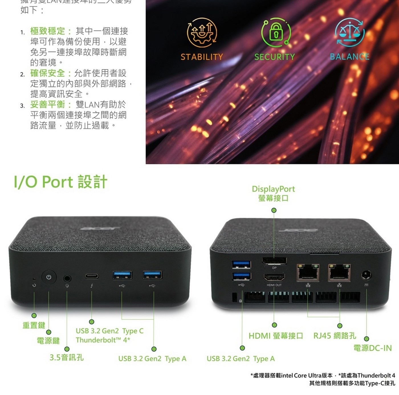 ACER Revo Box RB102 AI 迷你電腦，處理器：Intel Core Ultra 5-125U，記憶體：8GB DDR5 SO-DIMM，硬碟：512G M.2 SSD，顯示晶片：Intel Graphics。