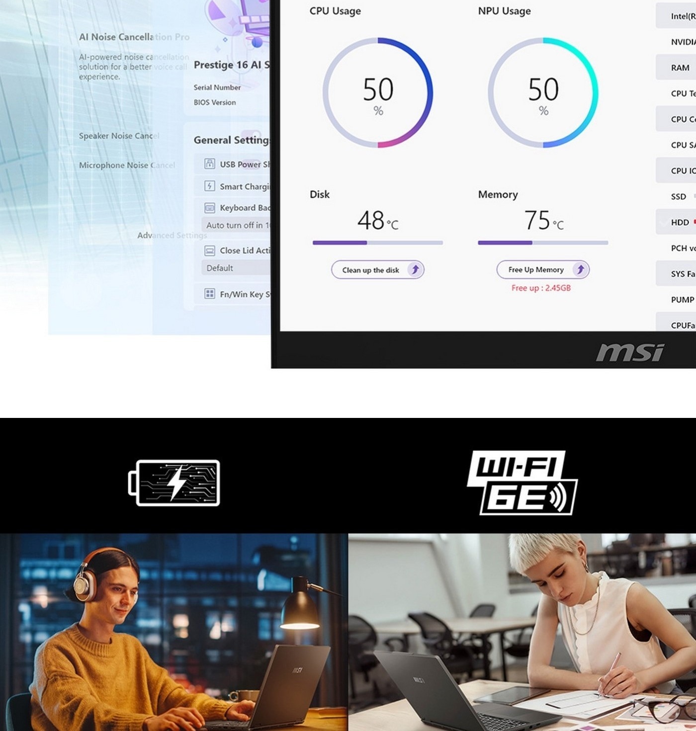 MSI VenturePro 16 16吋 Copilot + PC AI 筆電 A1VFG-015TW，處理器：Intel® Core™ Ultra 7 processor 155H，記憶體：DDR5 16GB(5600MHz)，顯示晶片：NVIDIA® GeForce RTX™。