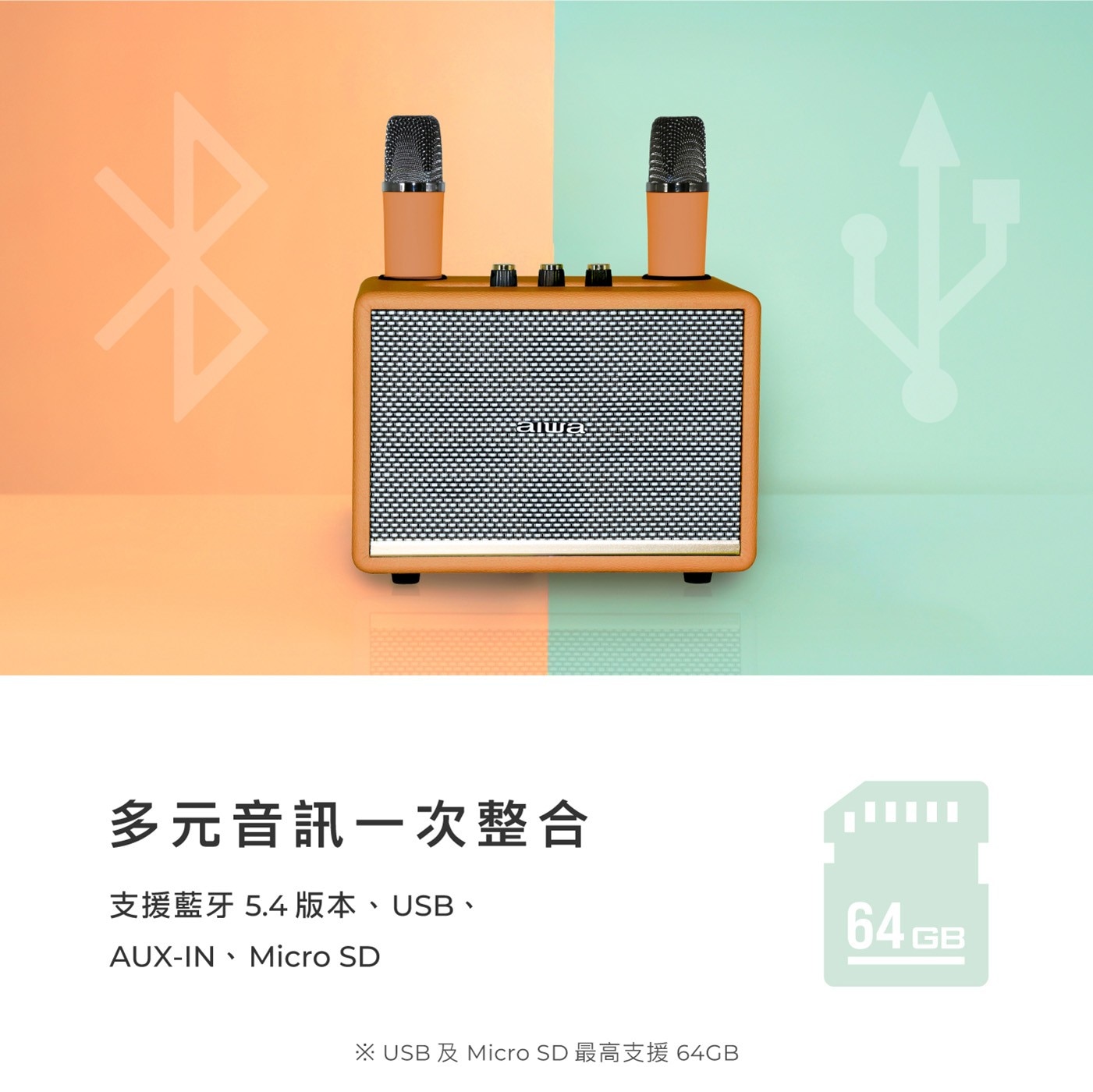 多元音訊一次整合支援藍牙5.4版本、USB、64GBAUX-IN.MicroSD