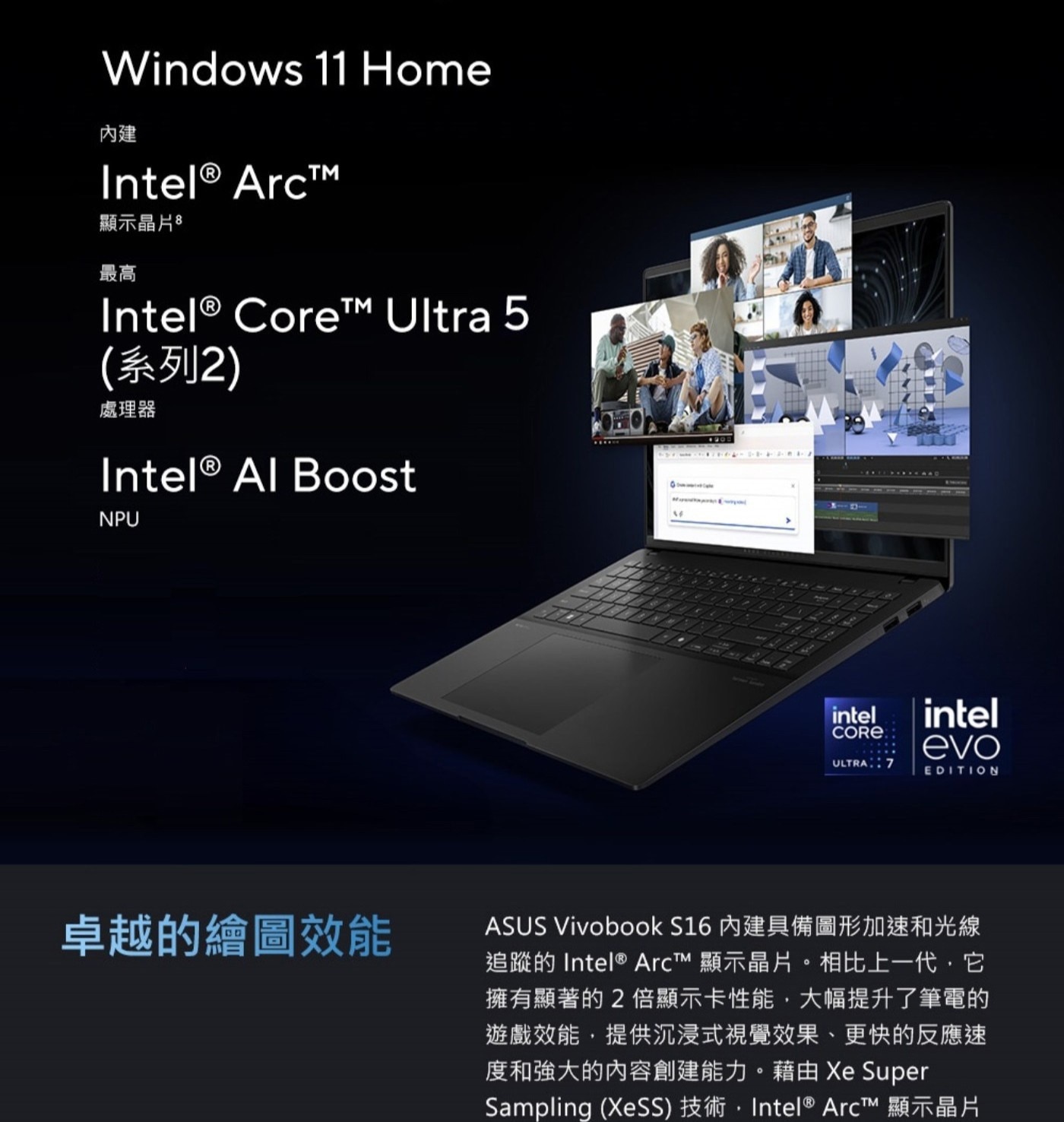 ASUS Vivobook S16 16吋 AI筆記型電腦 S5606CA-0108B225H 螢幕尺寸及類型：16