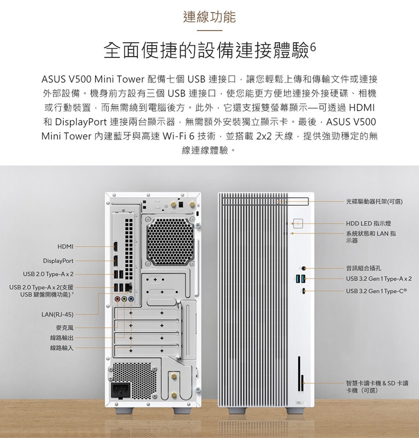 ASUS V500 Mini Tower 電腦主機 白色 H-V500MV-13420H227W5A，處理器 : Intel® Core™ i5-13420H Processor 2.1 GHz，記憶體 : 16GB DDR5 SO-DIMM x 1，硬碟 : 1TB M.2 2280 NVMe™ PCIe® 4.0 SSD。