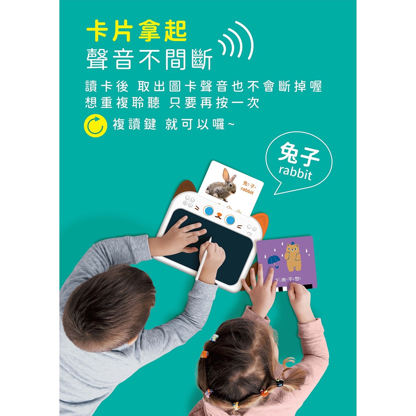 小牛津 喵喵畫板讀卡機~100張雙面圖卡 (六大學習主題~簡筆仿畫/兒歌KTV)，色彩+形狀認知/數字132/認識單字ABC，自由繪畫~激發想像力/還可一鍵清除，插上卡片就會發音~還可聽兒歌喔。