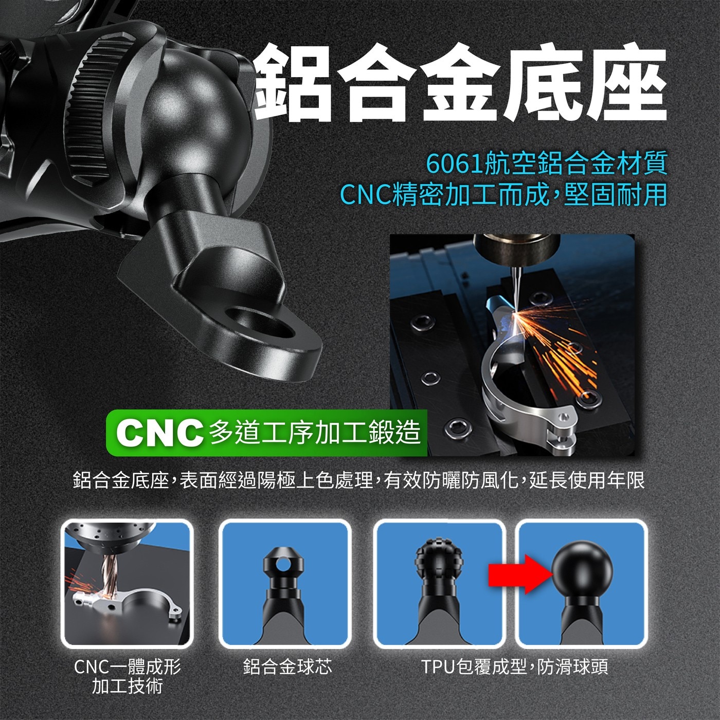 凱威格機車手機防震支架 M27-C2，5.4~7.2吋手機適用，鋁合金材質堅固耐用，四個減震氣囊保護手機，強化鎖扣可單手上扣。