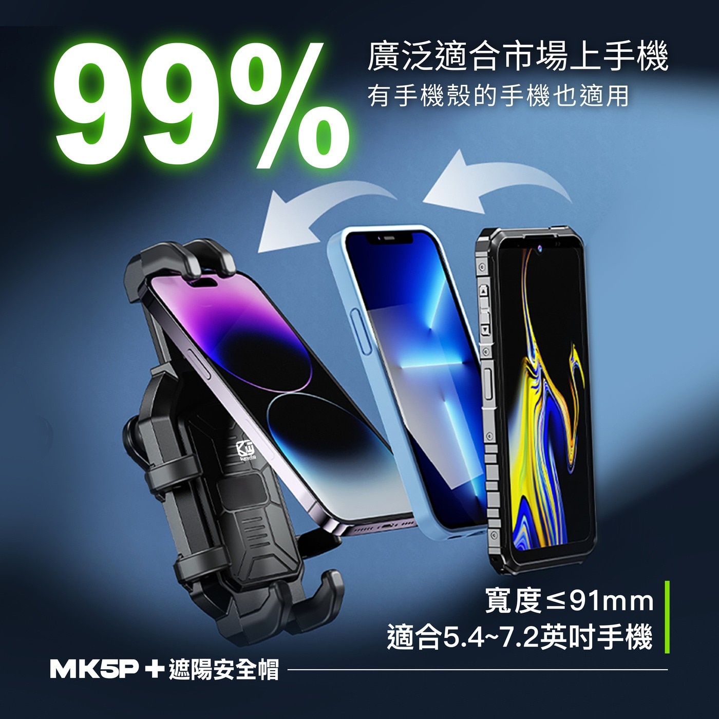 凱威格機車手機防震支架 MK5P-C2 & 遮陽安全帽，5.4~7.2吋手機適用，鋁合金材質堅固耐用，四個減震氣囊保護手機，強化鎖扣可單手上扣。