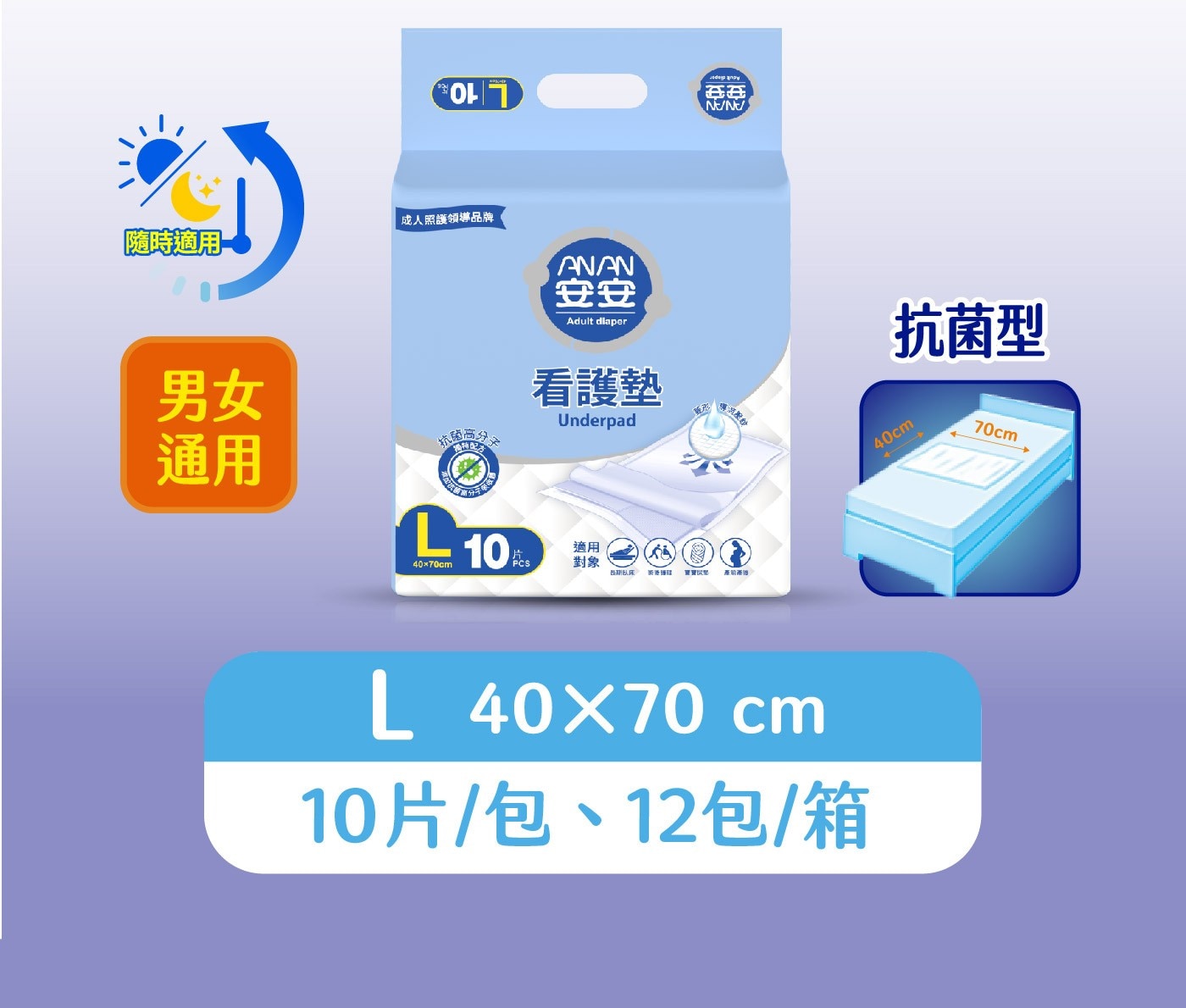 安安成人看護墊L號 10片 X 12包，抑菌高分子防護層，抑制金黃色葡萄球菌，超柔軟不織布表層，瞬間吸收，有效鎖濕。