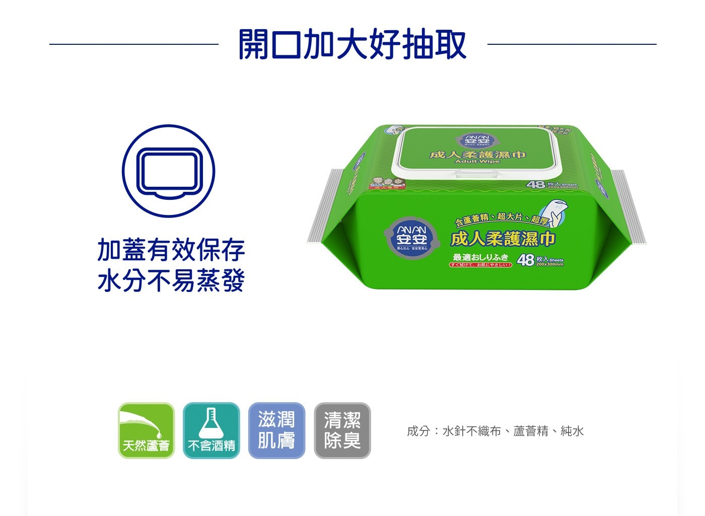安安成人成人柔護濕巾 48抽 X 24包，升級加蓋版，水份不流失，20x30cm 超大尺寸，1片可抵2片，加大加厚，柔軟舒適，含蘆薈精，滋潤肌膚。