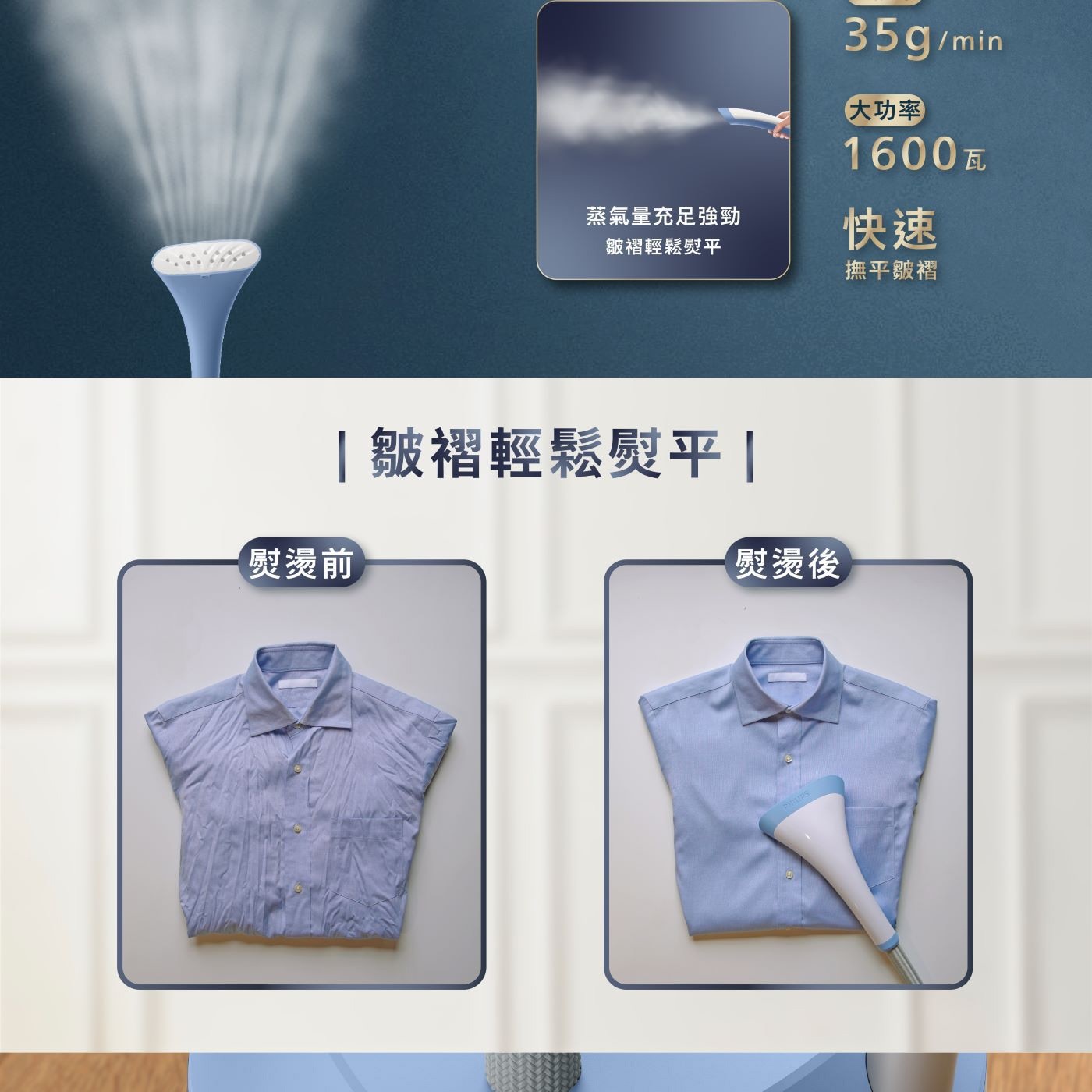 飛利浦 直立式3段蒸氣式掛燙機 STE1030，三段蒸氣模式，對應不同衣料材質，可調節式伸縮雙桿支架，熨燙更穩固，45秒快速預熱，35g/min 噴射蒸氣，1.8 L大水箱。