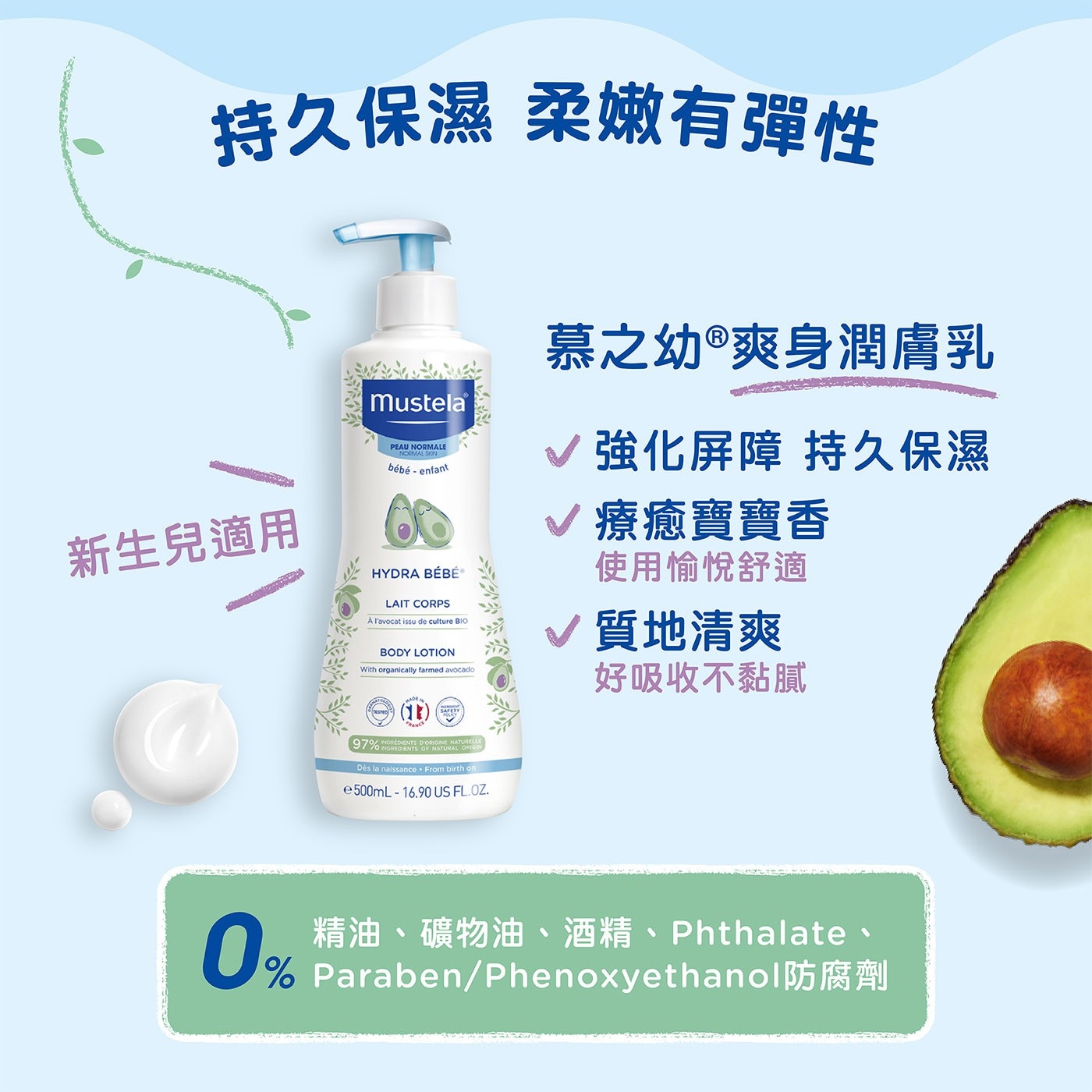 慕之恬廊慕之幼爽身潤膚乳 500毫升 X 2入，適合一般、乾燥、脆弱肌膚，97%成分源自天然萃煉，有機酪梨活源醣保濕防護。