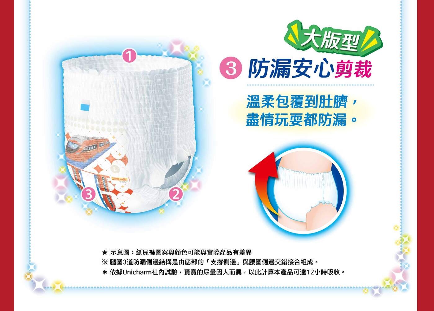 防漏安心剪裁 溫柔包覆到肚臍, 盡情玩耍都防漏。