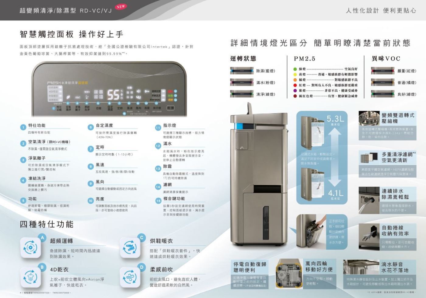 日立 17公升 超變頻清淨除濕機 RD-340VC，能源效率一級，CASR 4.20 m3/min，適用   13-15  坪空間，1段過濾系統，HEAP濾網及活性碳濾網，風量模式風量模式5段。