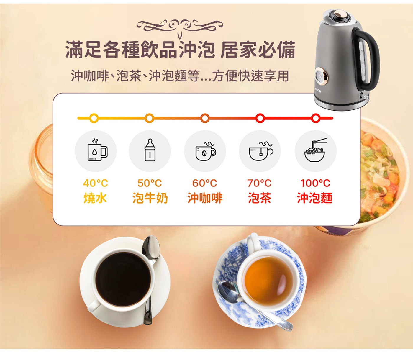 東元 溫控復古水溫表電熱快煮壺 灰色，復古精美錶盤式水溫表，304#不鏽鋼材質，堅實耐用，水位視窗，水量看得見，採用英國otter溫控，耐用安全。