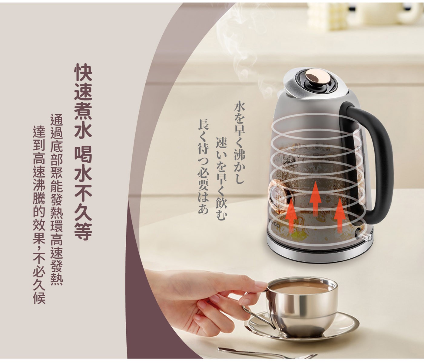 東元 溫控復古水溫表電熱快煮壺 灰色，復古精美錶盤式水溫表，304#不鏽鋼材質，堅實耐用，水位視窗，水量看得見，採用英國otter溫控，耐用安全。