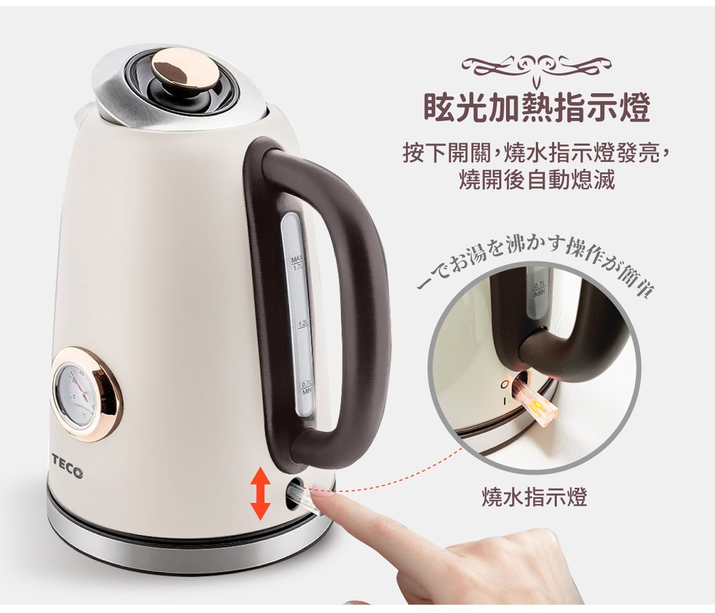 東元 溫控復古水溫表電熱快煮壺 白色，復古精美錶盤式水溫表，304#不鏽鋼材質，堅實耐用，水位視窗，水量看得見，採用英國otter溫控，耐用安全。