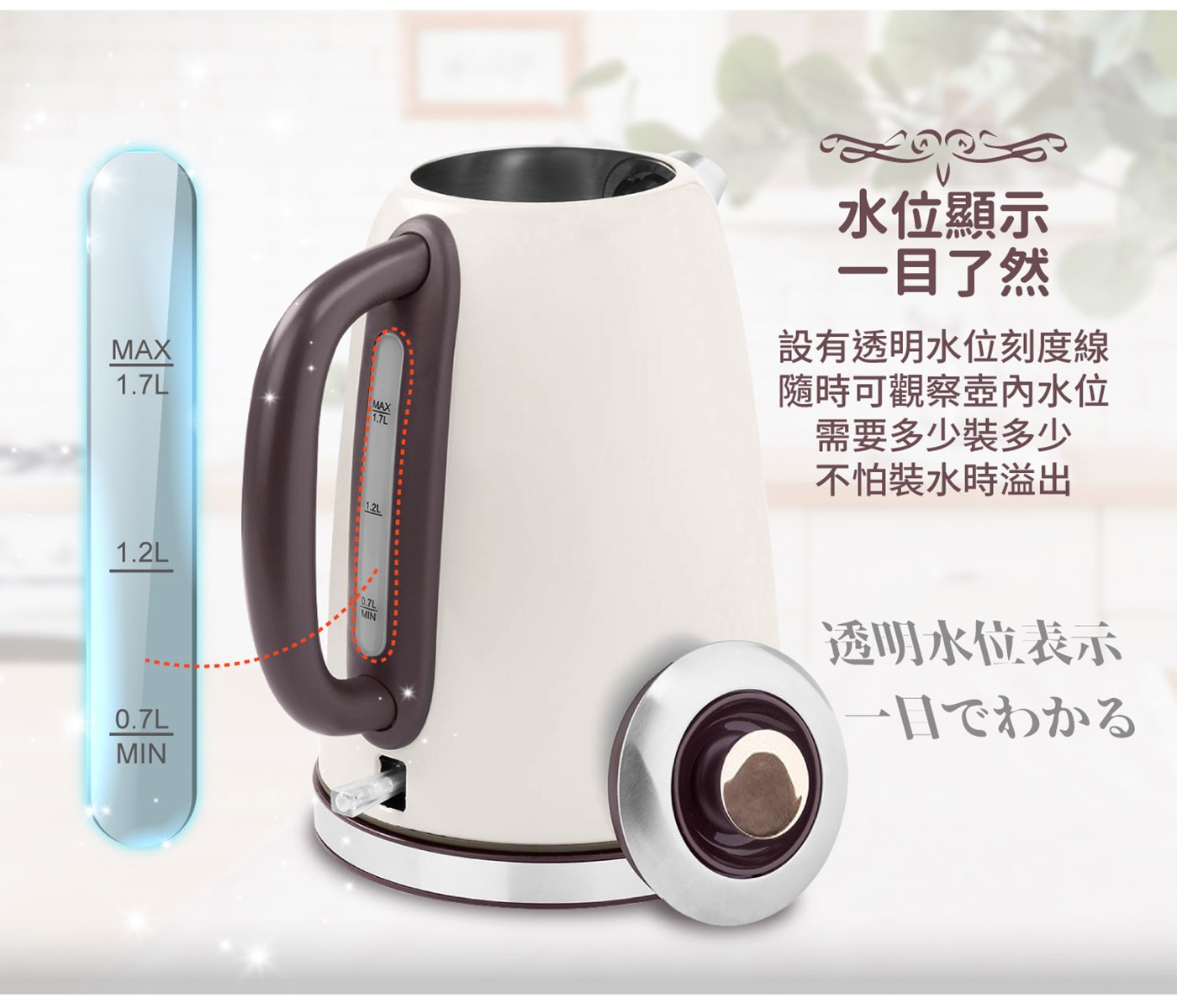 東元 溫控復古水溫表電熱快煮壺 白色，復古精美錶盤式水溫表，304#不鏽鋼材質，堅實耐用，水位視窗，水量看得見，採用英國otter溫控，耐用安全。