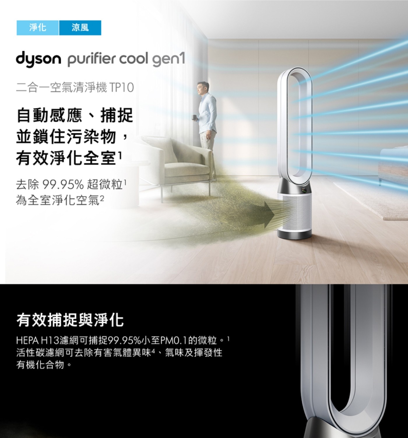 Dyson Purifier+Cool 二合一涼風智慧空氣清淨機 TP10 附三入HEPA濾網，清淨機、涼風扇二合一功能，全室淨化，Air Multiplier™ 氣流倍增科技，產生循環以淨化全室，可淨化 99.95%，小至 PM0.1 的微粒，兩段式淨化，可將污染物鎖住，自動感應、捕捉並鎖住污染物，排出更潔淨的空氣。