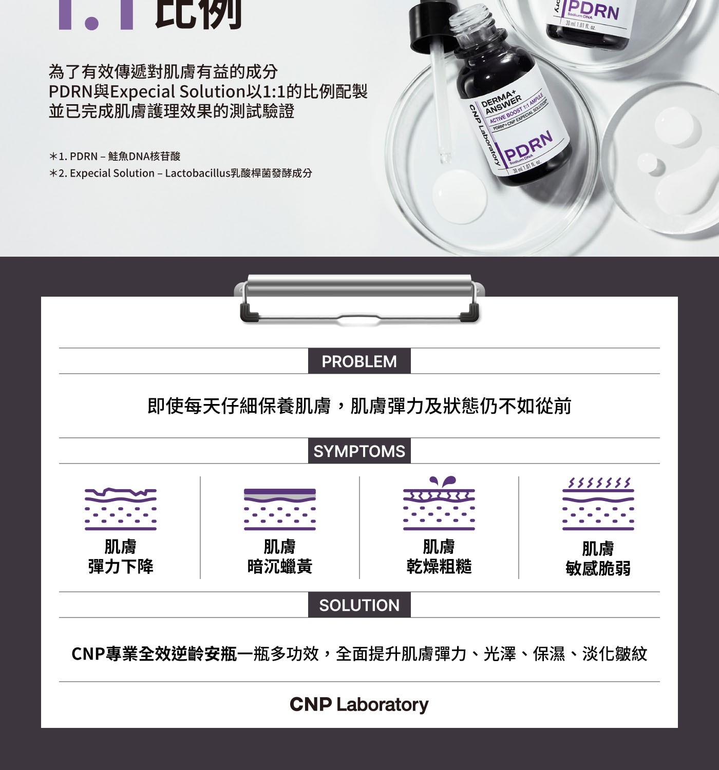 CNP專業全效逆齡安瓶一瓶多功效,全面提升肌膚彈力、光澤、保濕、淡化皺紋