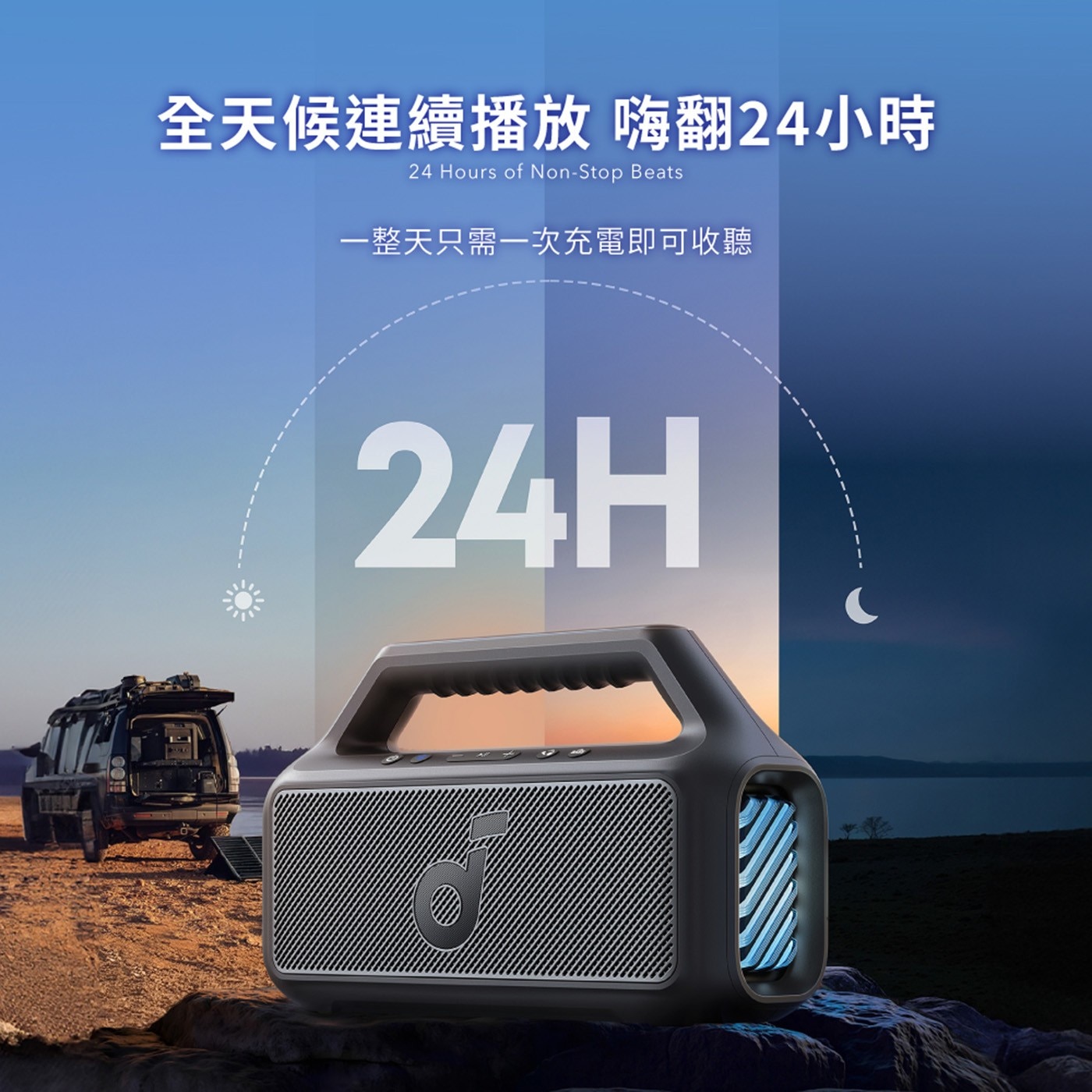 soundcore  Boom 2 重低音防水藍牙喇叭有了內建行動電源,無論身在何處,都能保持手機電源。 (播放時間可能非常基於音量和播放內容。)