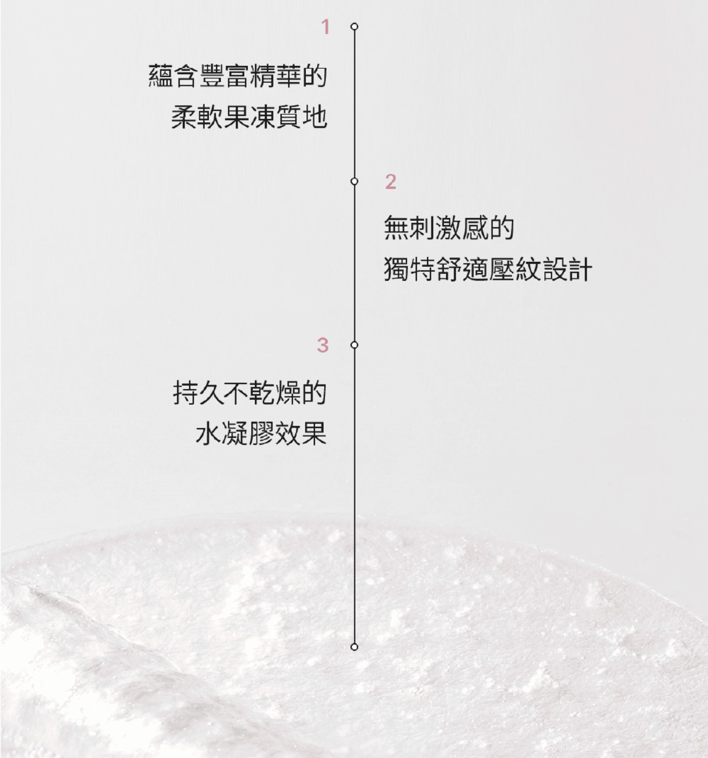 蘊含豐富精華的柔軟果凍質地無刺激感的獨特舒適壓紋設計