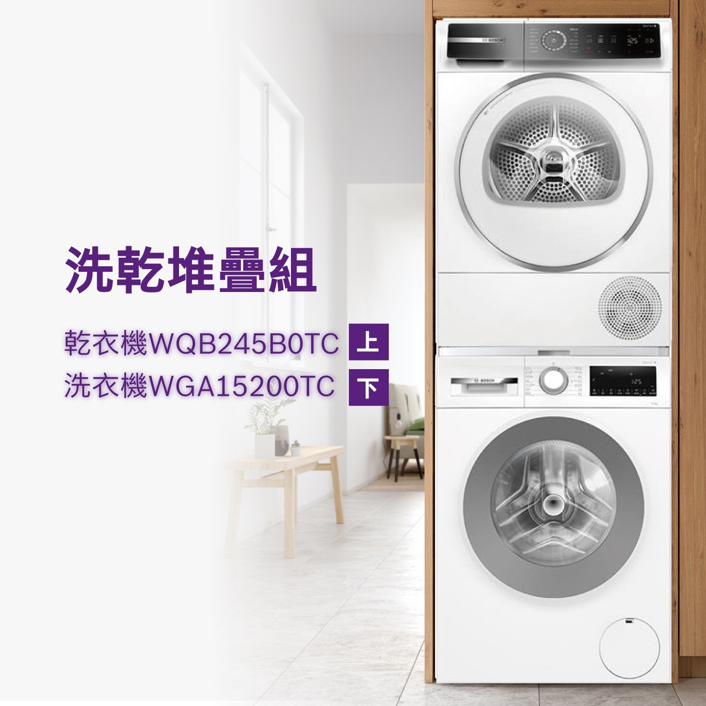 BOSCH 去漬抗敏滾筒洗衣機 10公斤 WGA15200TC + BOSCH 9公斤 Heat Pump 速效乾衣機 WQB245B0TC 