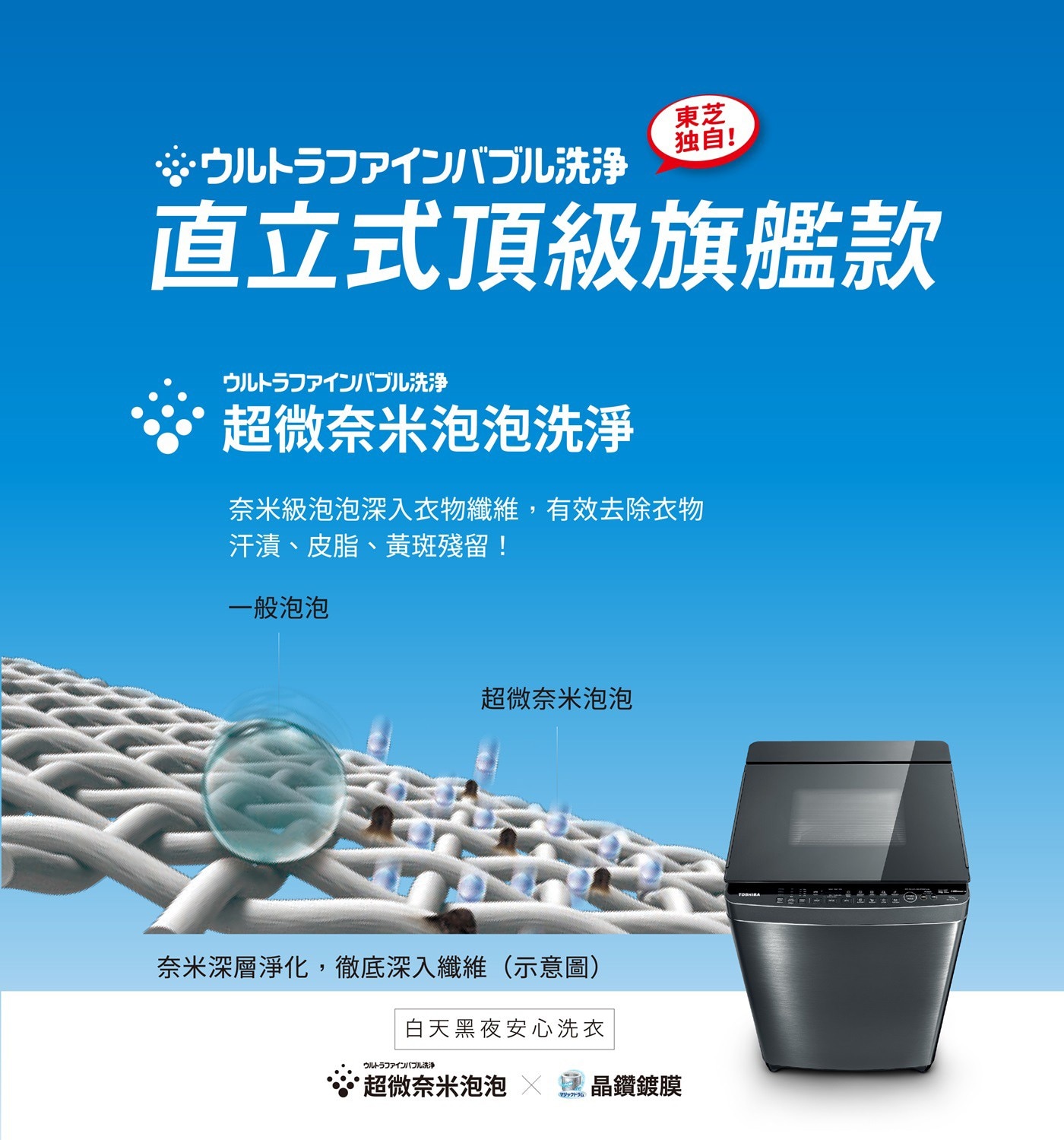 東芝 15公斤 直立式洗衣機 AW-DMUK15WAG(SS)，晶鑽鍍膜、UFB超微奈米泡、SDD超變頻馬達、勁流雙渦輪、3D強力迴轉盤、自動槽洗淨、金級省水/節能標章