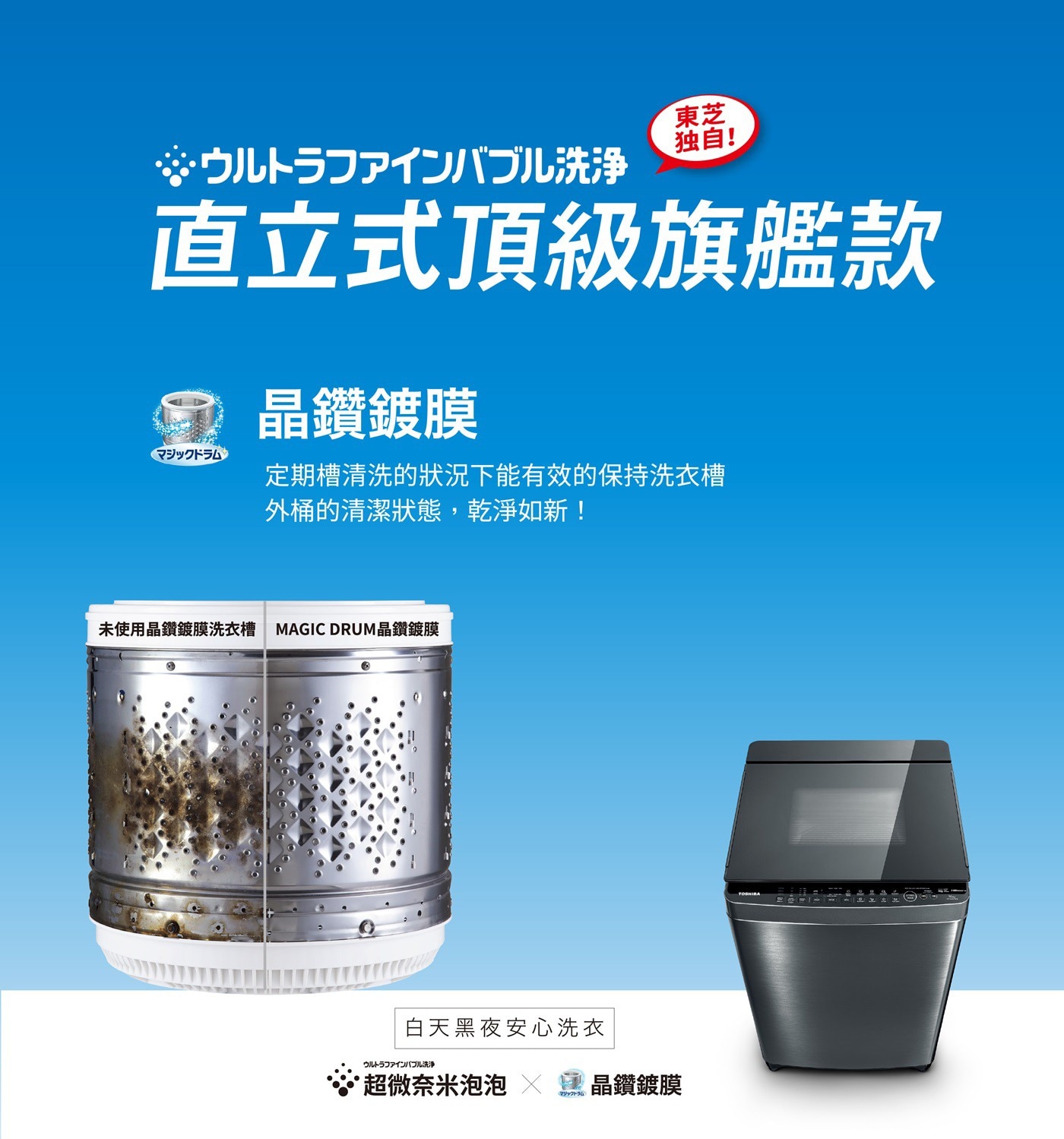 東芝 15公斤 直立式洗衣機 AW-DMUK15WAG(SS)，晶鑽鍍膜、UFB超微奈米泡、SDD超變頻馬達、勁流雙渦輪、3D強力迴轉盤、自動槽洗淨、金級省水/節能標章