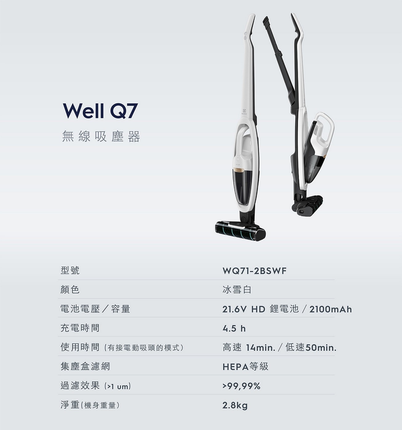 伊萊克斯 無線吸塵器 WQ71-2BSWF，硬質地板清潔專家，五重高效過濾，180度靈活吸頭+輕手感，99%高效集塵，強效續航50min。