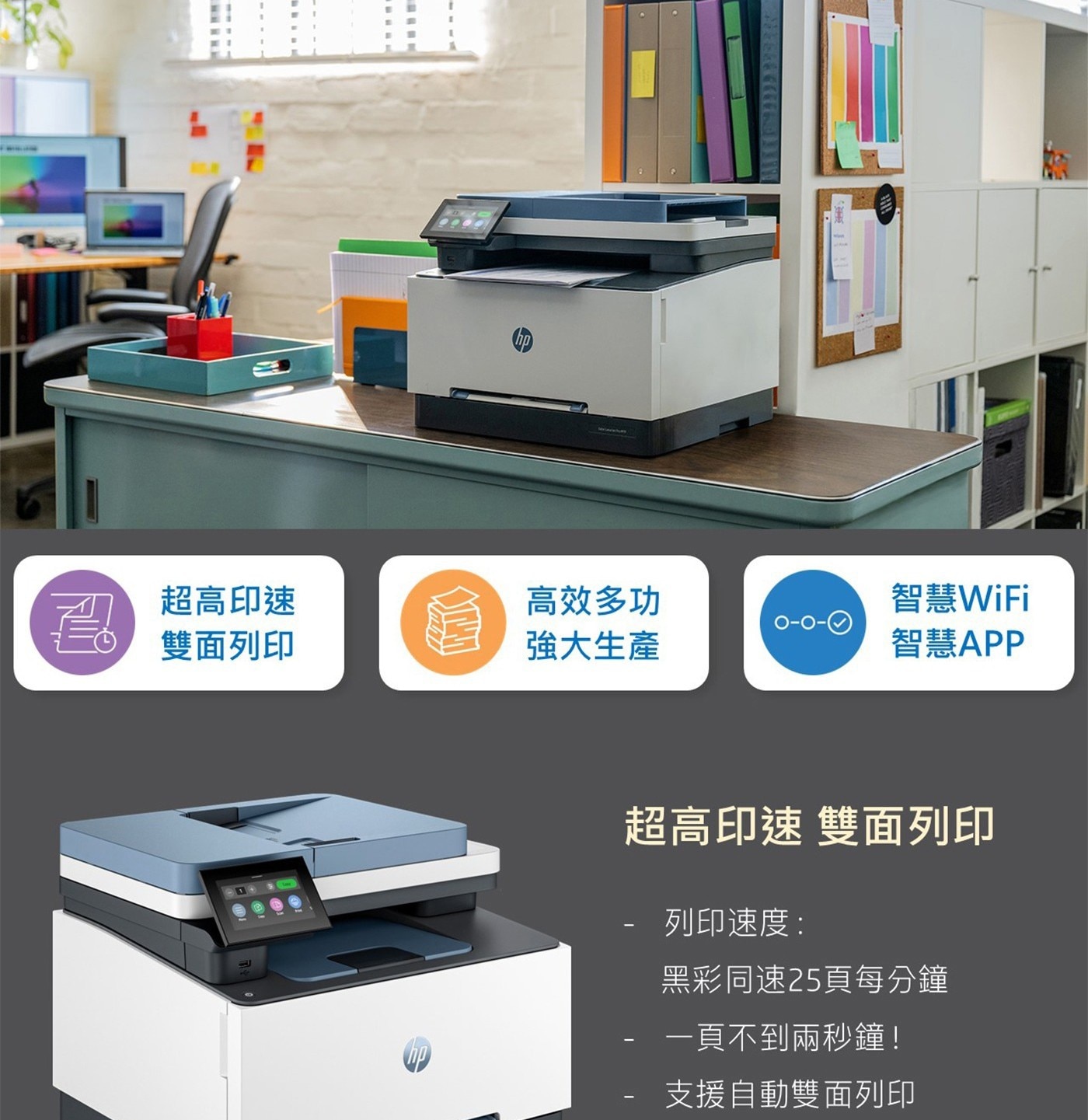 HP 彩色雷射多功能事務機 3303sdw 含1黑3彩 + 1黑碳匣 列印速度：25/25ppm(黑白/彩色)