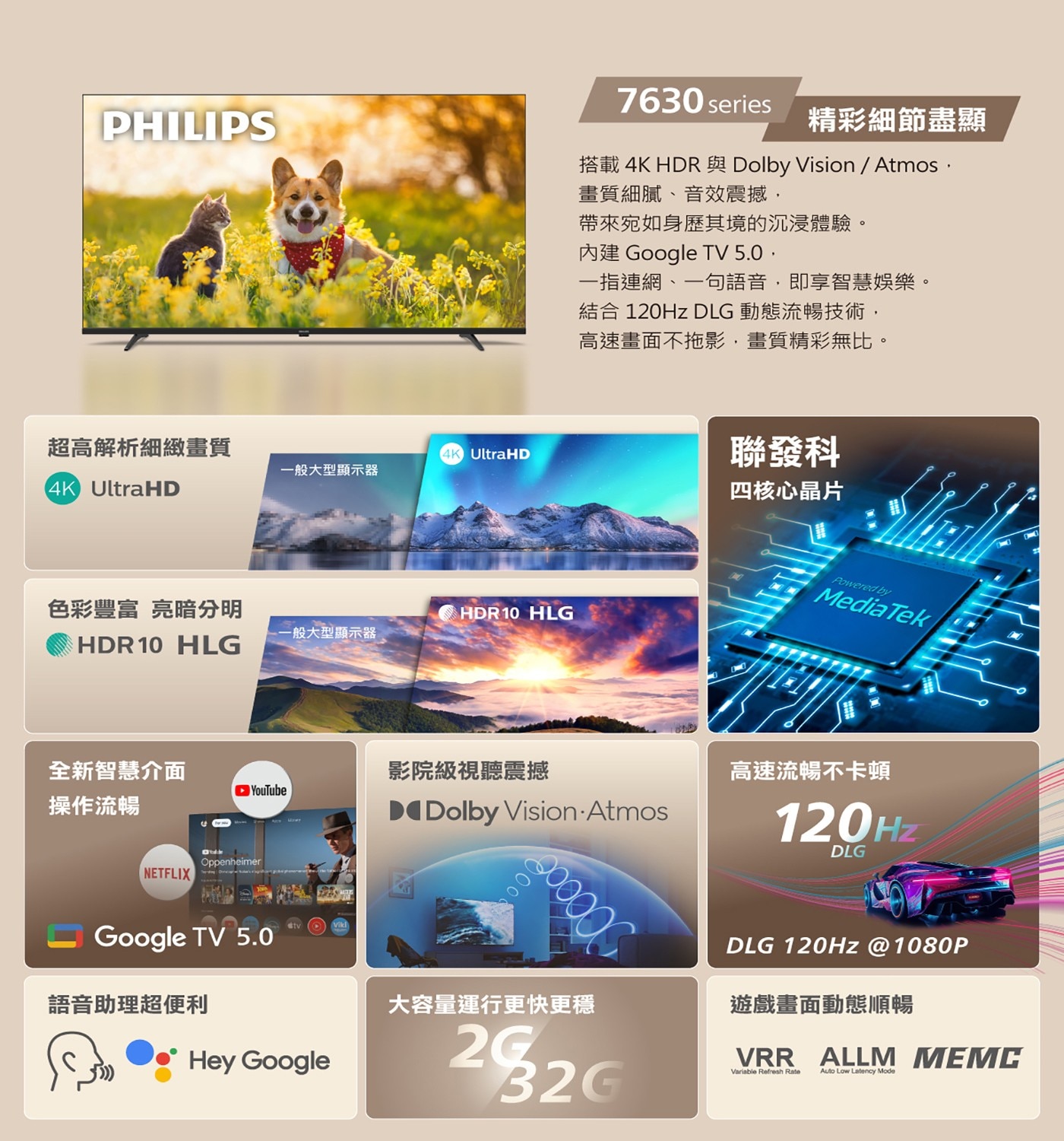 飛利浦 55吋 4K Google TV 顯示器2.聯發科四核心及AiPQ 介面智慧加乘