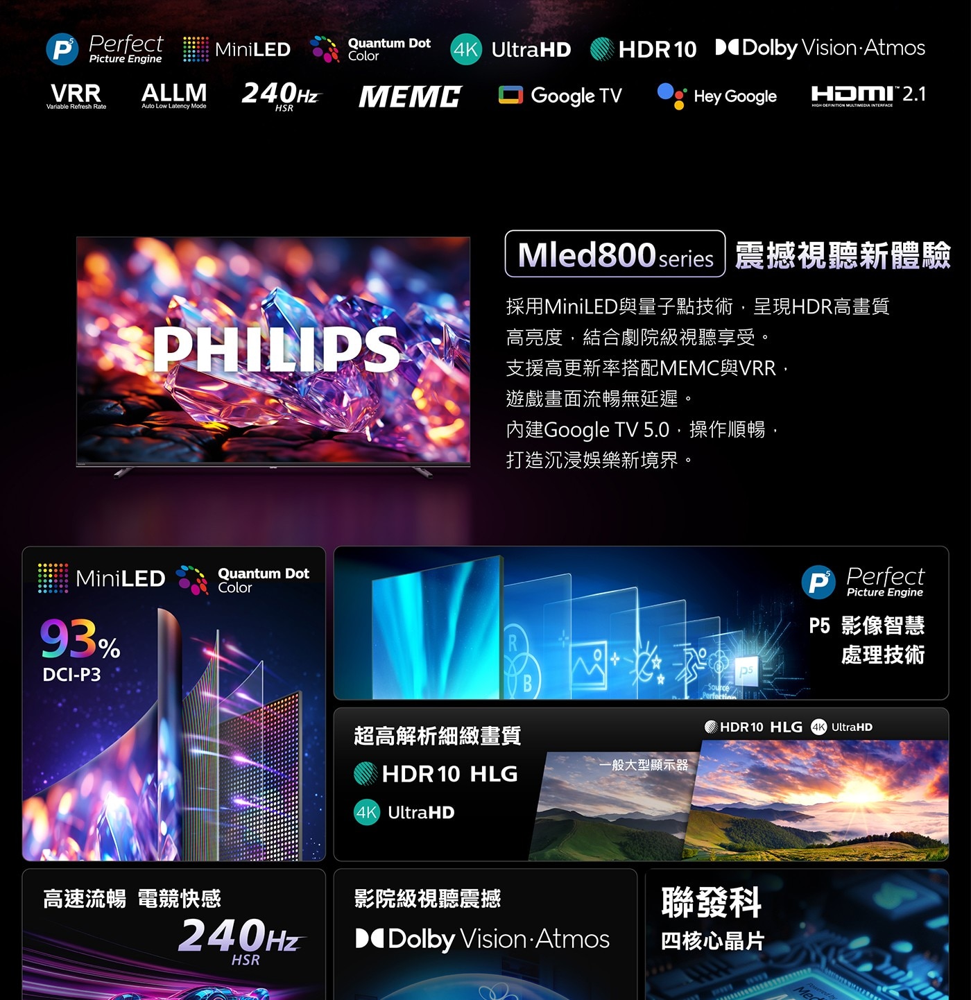 飛利浦 85吋 4K MiniLED 144Hz Google TV 顯示器2,峰值亮度1300nits