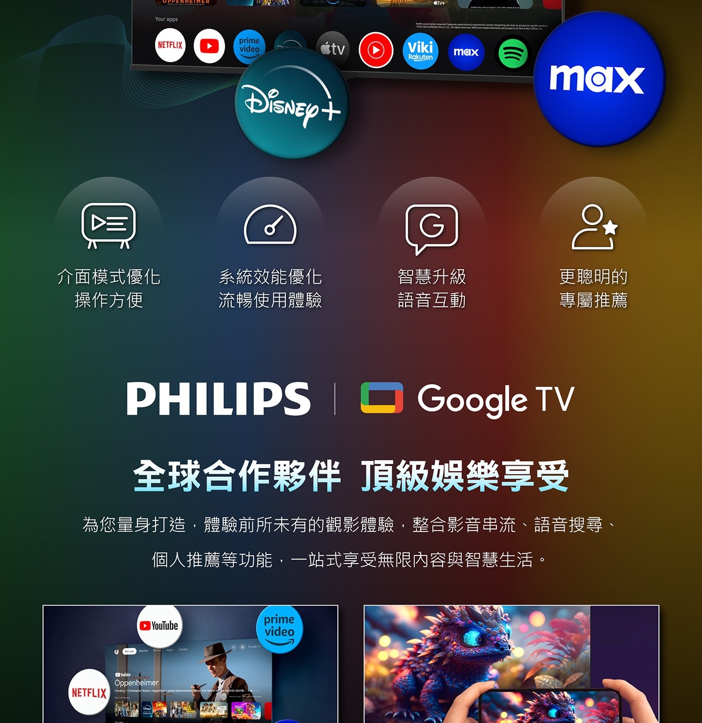 飛利浦 65吋 4K MiniLED 144Hz Google TV 顯示器13.3G RAM/32G ROM 大容量內存