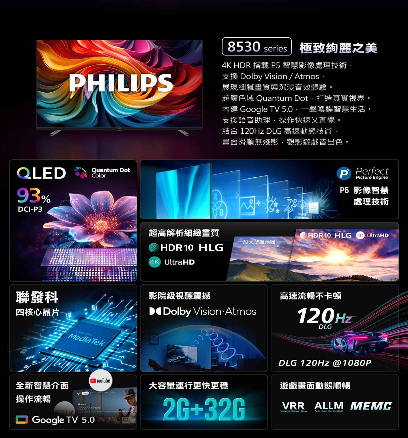 飛利浦 50吋 4K QLED Google TV 顯示器2.聯發科四核心及AiPQ 介面智慧加乘