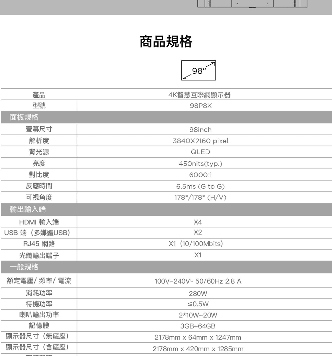TCL 98吋 4K QLED Google TV 量子智能液晶顯示器 不含視訊盒 98P8K