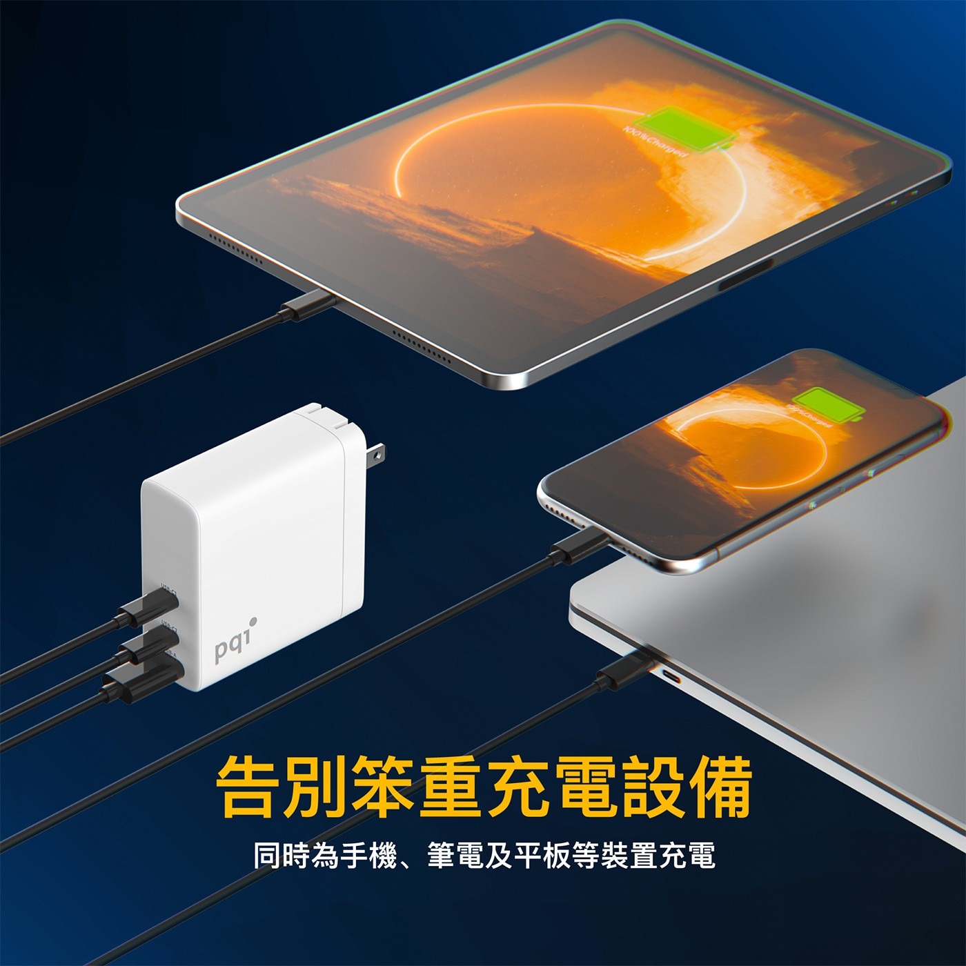 PQI 140W高速充電器，採用最新的 Gallium Nitride (GaN) 技術，提供了高效的轉換充電效率。搭配2個 USB-C 端口和1個 USB-A 端口，可同時為3部裝置充電，高達 140W 的超強功率。