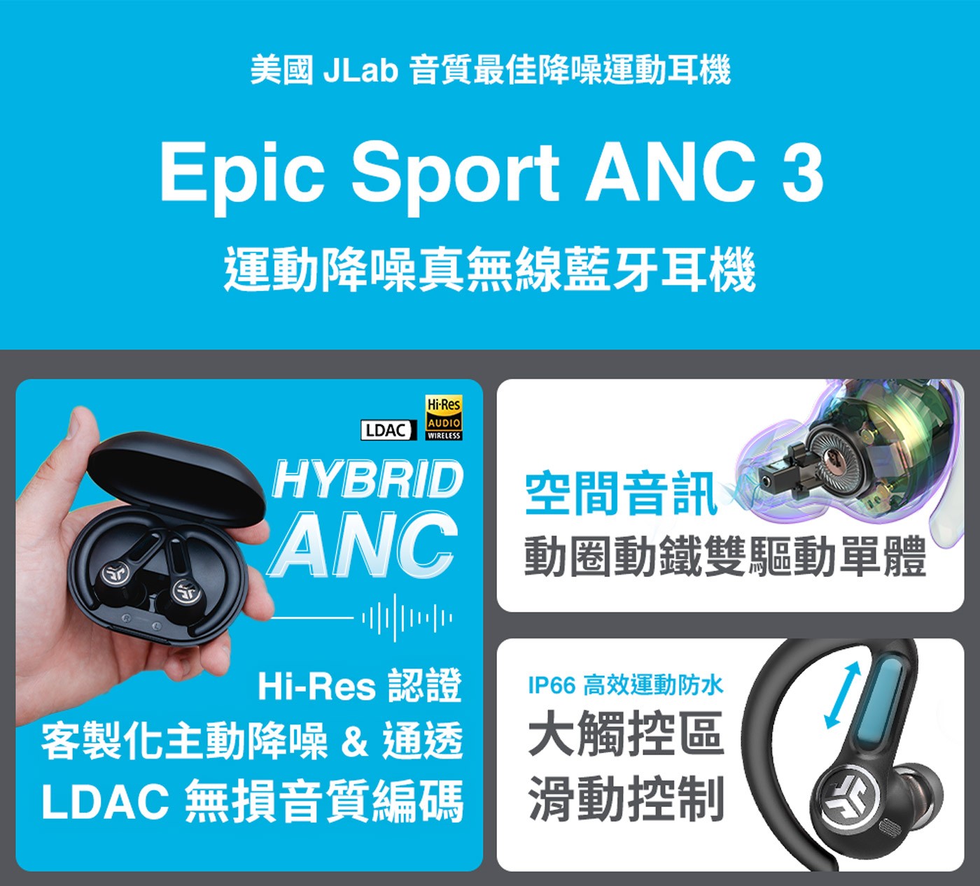 JLab Epic Sport ANC 3 運動降噪真無線藍牙耳機,美國JLab音質最佳降噪運動耳機,Hi-Res認證客製化主動降噪&通透,LDAC無損音質編碼
