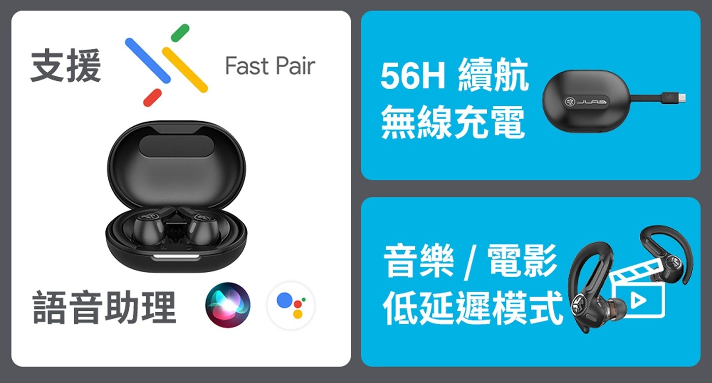 JLab Epic Sport ANC 3 運動降噪真無線藍牙耳機,支援Fast Pair語音助理,56H續航無線充電,音樂電影低延遲模式