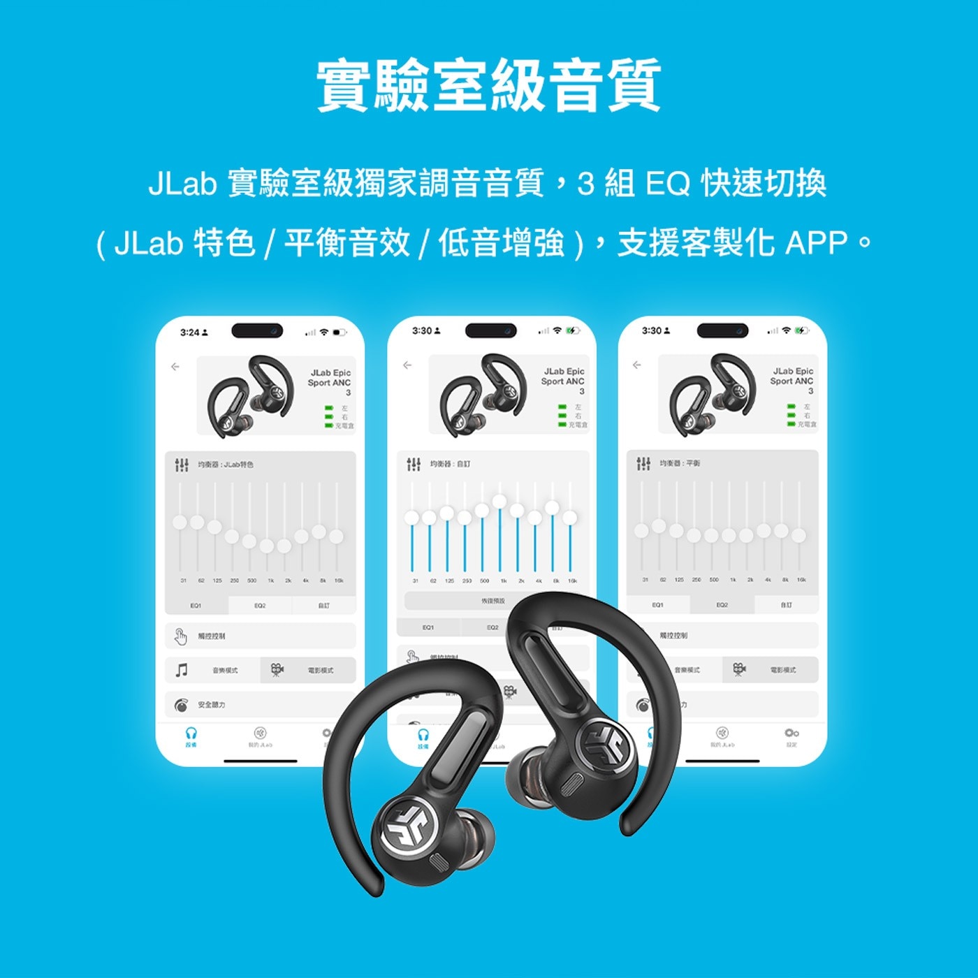 JLab Epic Sport ANC 3 運動降噪真無線藍牙耳機,實驗室級音質,JLab實驗室級獨家調音音質,3組EQ快速切換,JLab特色/平衡音效/低音增強,支援客製化App
