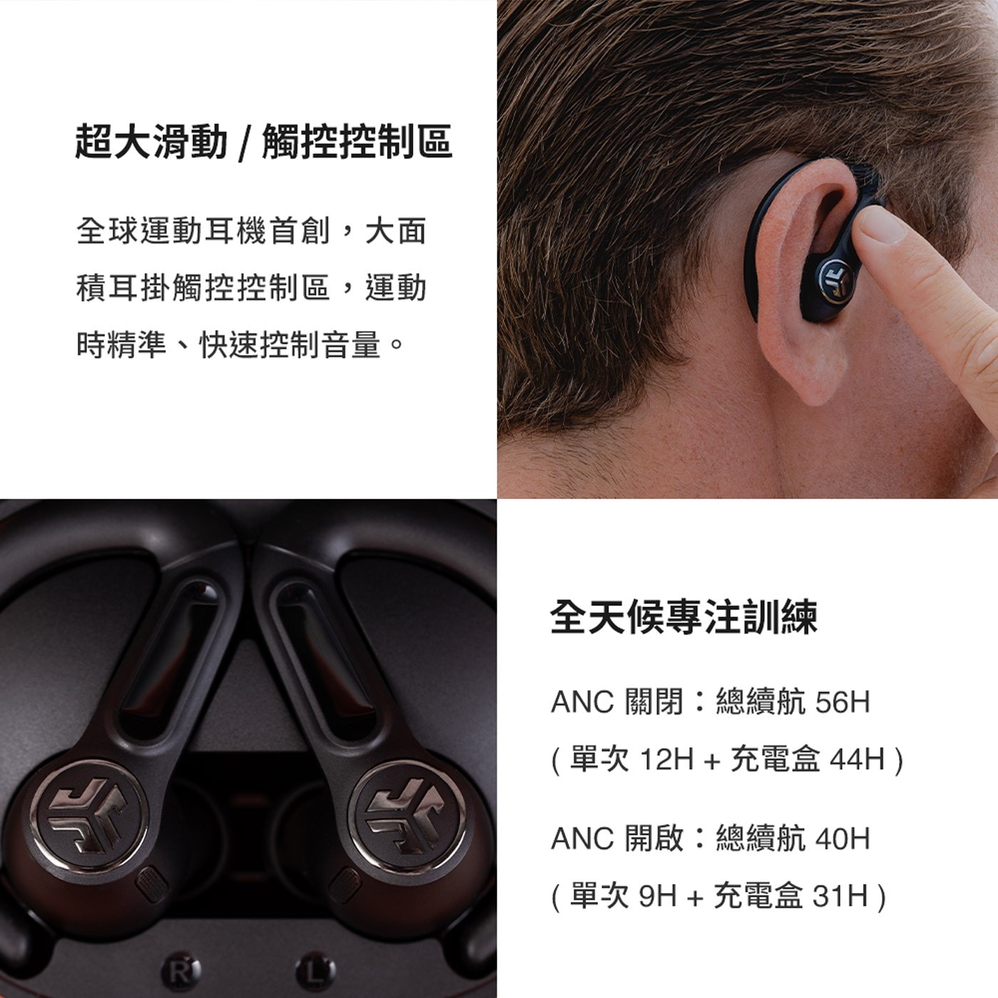 JLab Epic Sport ANC 3 運動降噪真無線藍牙耳機,超大滑動/觸控控制區,全天候專注訓練