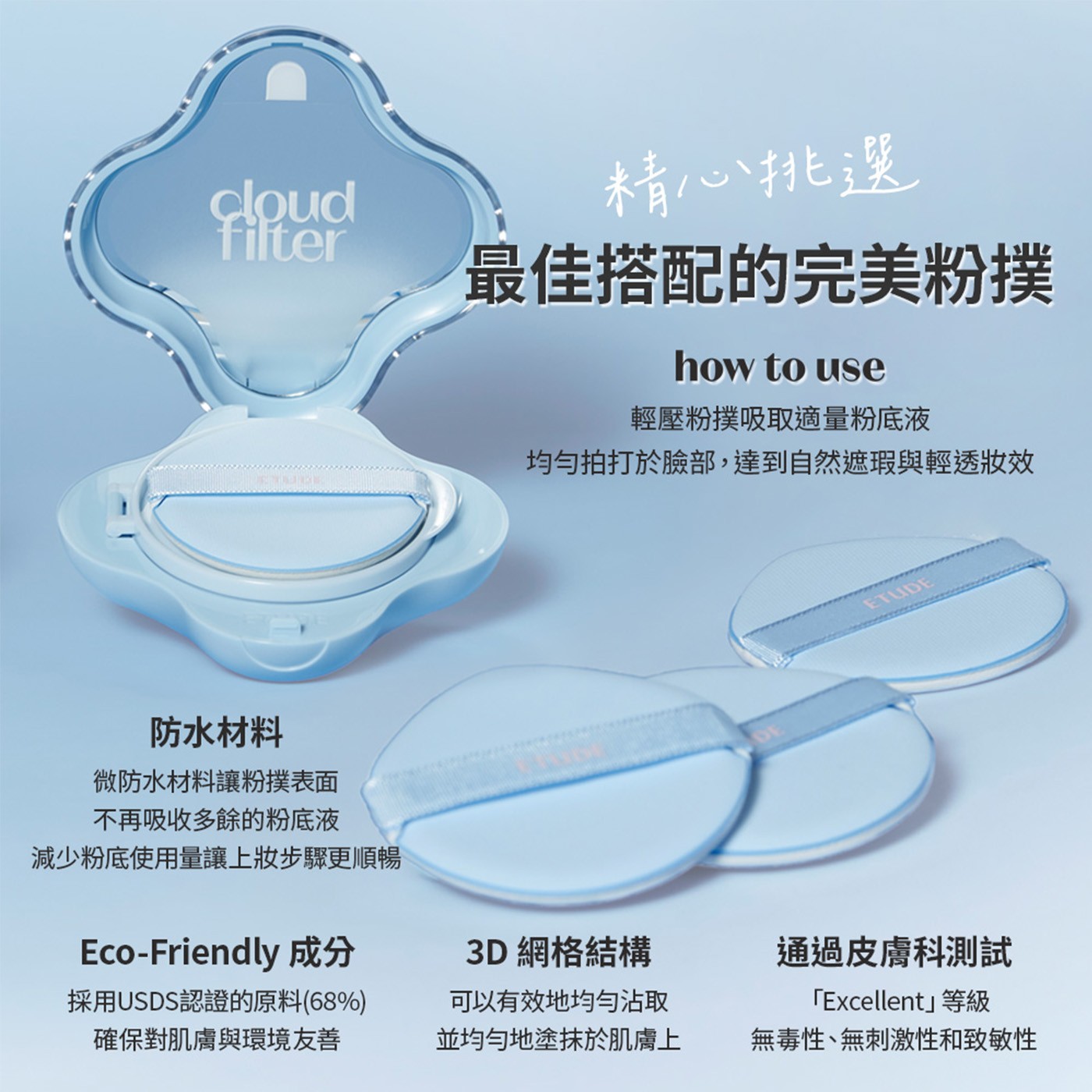 ETUDE 雲朵輕盈完美氣墊組• 添加藍色粉末-運用互補色原理，含藍調粉末去黃提亮!