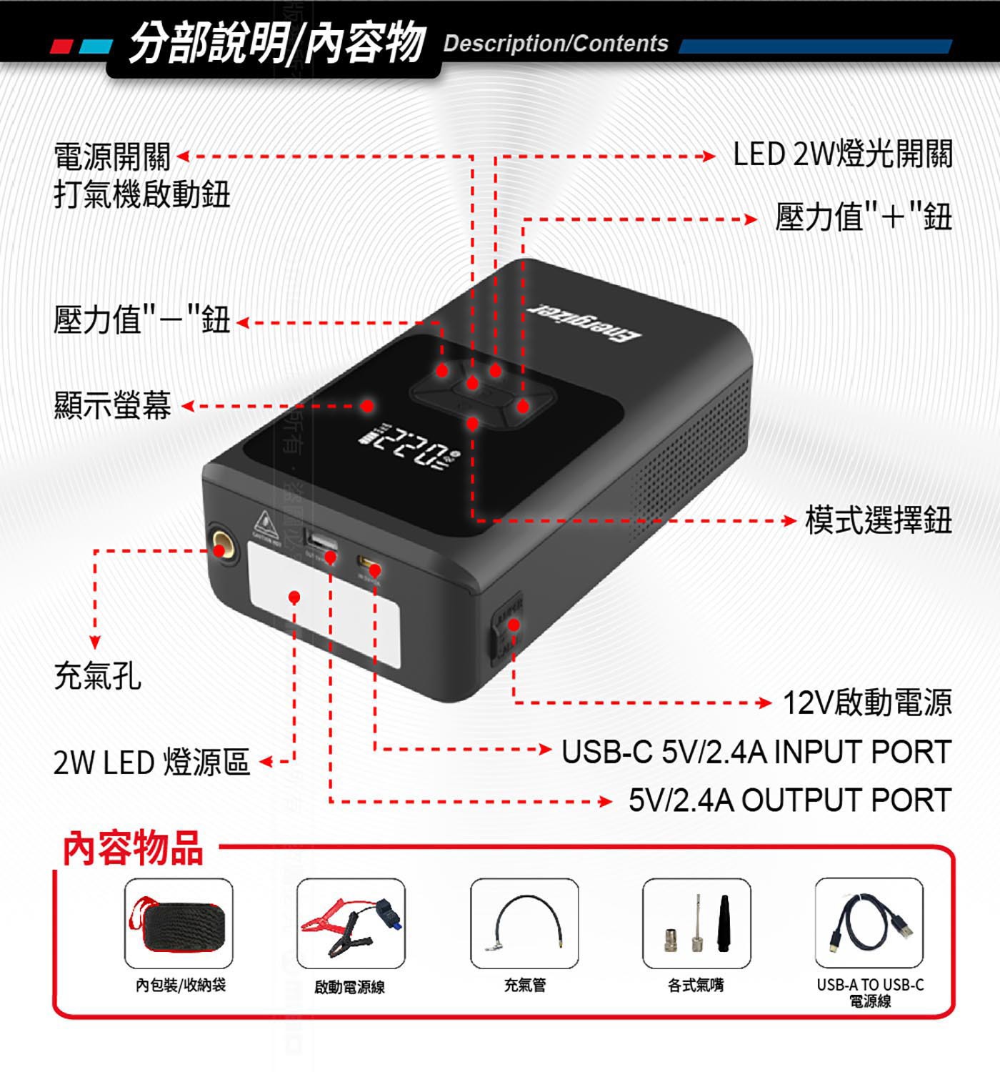 勁量 4合1 多功能 汽車 電動打氣 / 救車電源，行動電源充電功能，適用USB-A和USB-C
