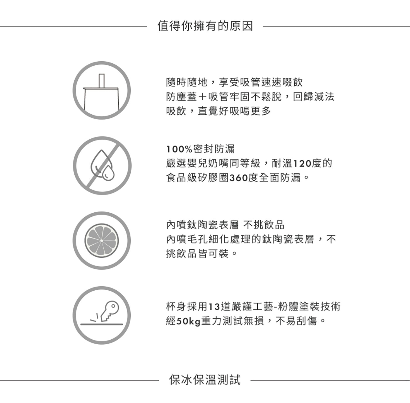 隨時隨地,享受吸管速速啜飲防塵蓋+吸管牢固不鬆脫,回歸減法吸飲,直覺好吸喝更多