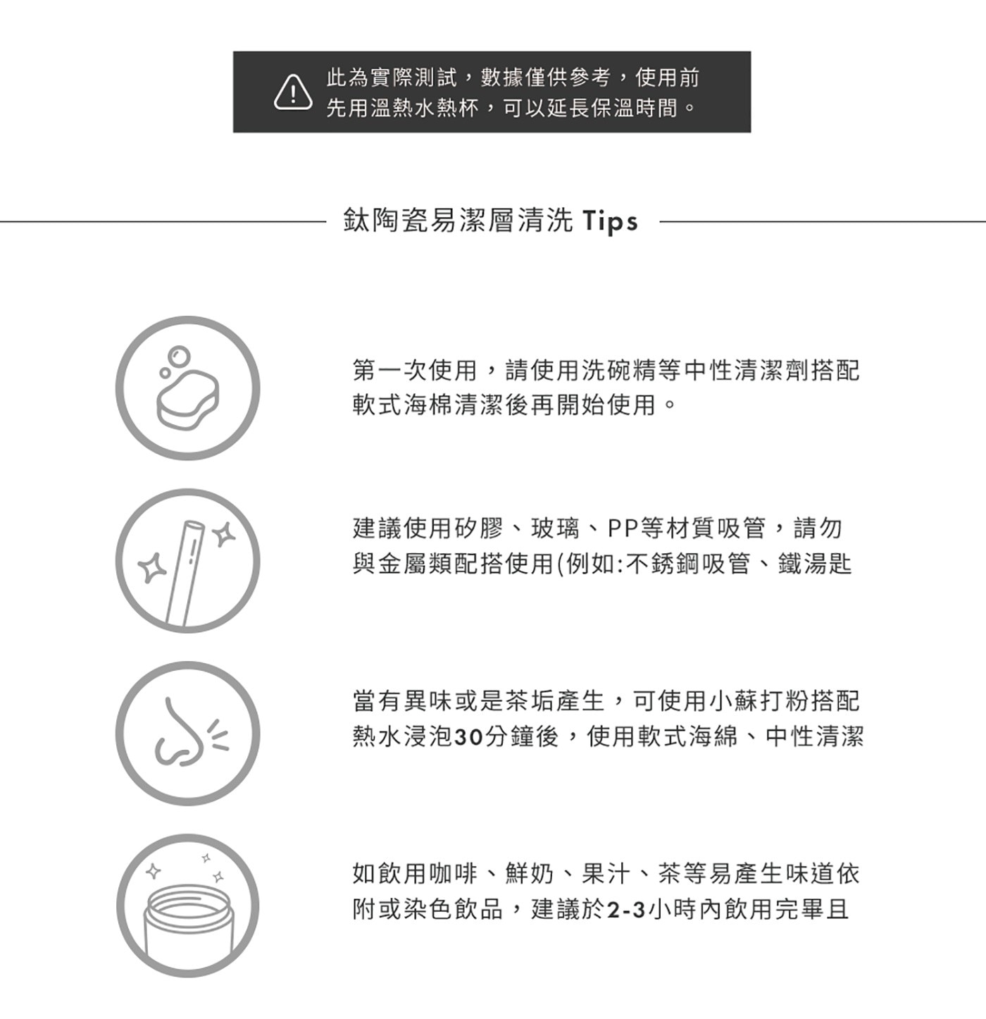 鈦陶瓷易潔層清洗 Tips建議使用矽膠、玻璃、PP等材質吸管,請勿與金屬類配搭使用(例如:不銹鋼吸管、鐵湯匙