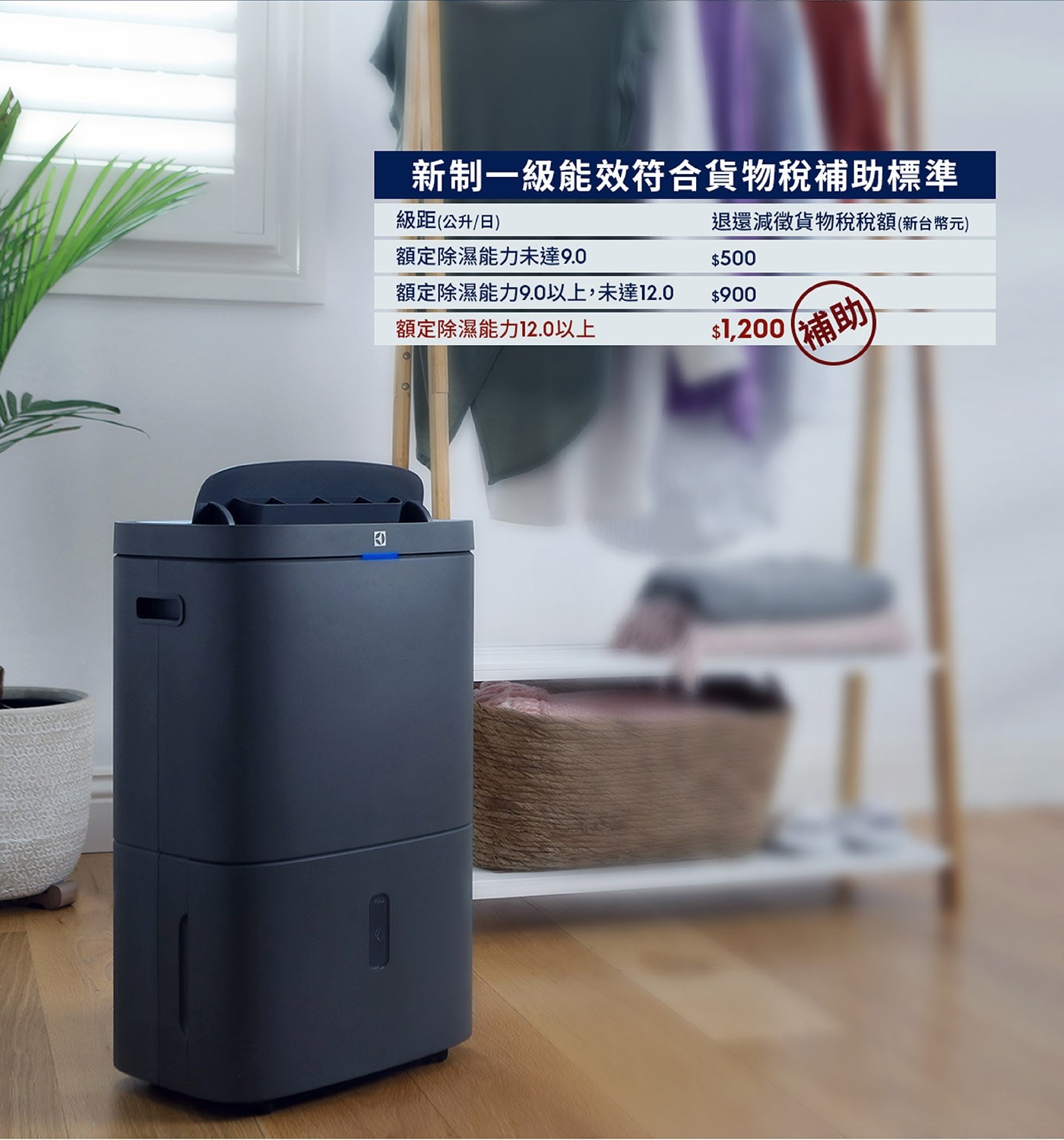 耗電量低，能源效率達1級，節能省電。