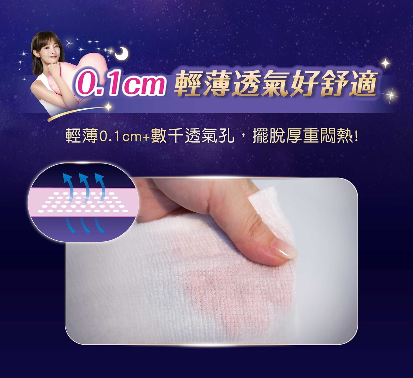 0.1cm 輕薄透氣好舒適 輕薄0.1cm+數千透氣孔,擺脫厚重悶熱!
