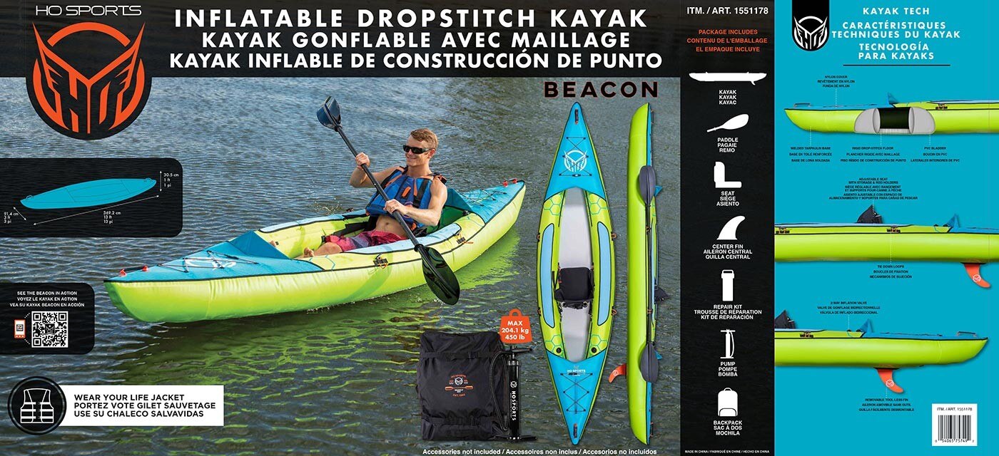HO Sports Beacon 單座充氣皮划艇，可調節人體工學高背座椅，可帶儲物袋和釣魚竿，堅固又輕量的設計增加強度和剛度。