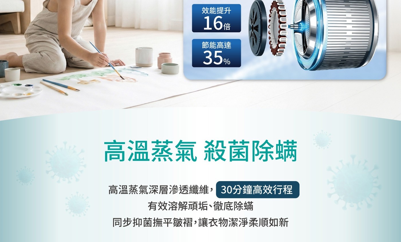 高溫蒸氣 殺菌除螨高溫蒸氣深層滲透纖維,30分鐘高效行程有效溶解頑垢、徹底除螨同步抑菌撫平皺褶,讓衣物潔淨柔順如新